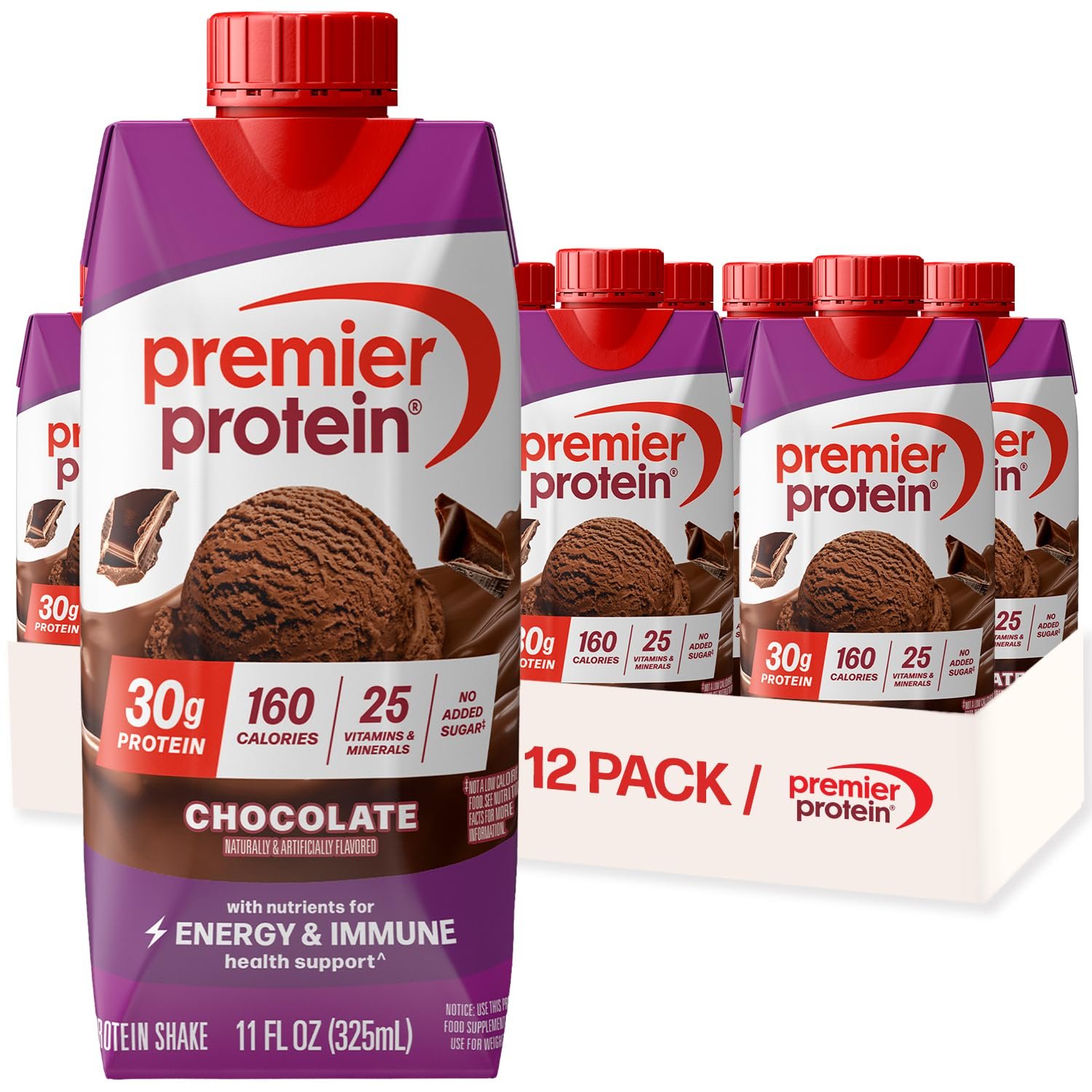 Premier Protein Shake, Chocolate, 30g High Protein, 12 Pack | 160 Calories, 24 Vitamins & Minerals, No Added Sugar, Supports Muscle Health, Gluten-Free, 11 oz