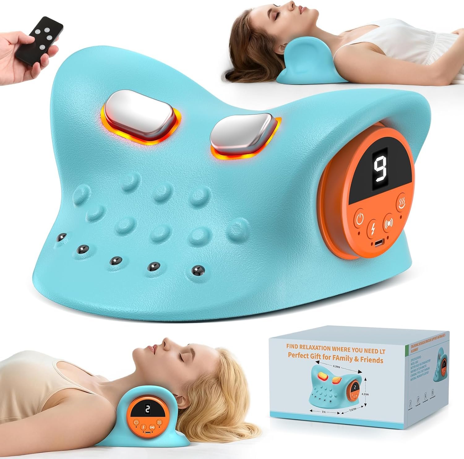 Smedz Neck Massager 2026, 4-in-1 Neck & Shoulder Massager with Multi-Directional Stretch, Heating & Vibration, 360° Remote Control–Ergonomic for Home, Office, Car Travel‌（Sky Blue‌）