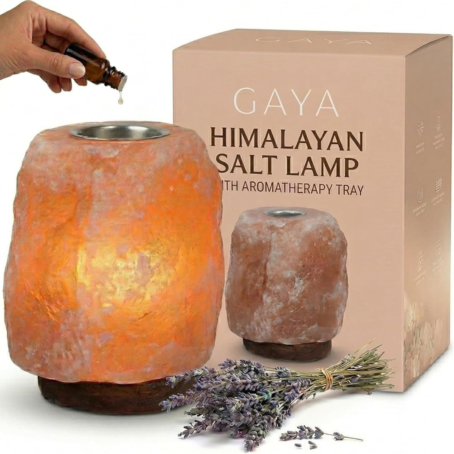 GAYA Himalayan Pink Salt Lamp Diffuser, Aromatherapy Tray, Dimmer Switch | Hand carved natural crystal, wood base, UL listed 6ft cord, 15W bulb included, for bedroom nightstand, gift ready box