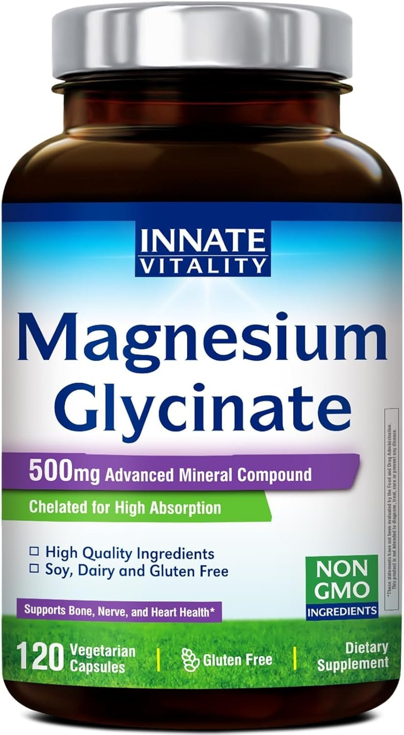 Innate Vitality Magnesium Glycinate 500mg | 70mg Elemental Magnesium Supplement – High Absorption, Non Buffered, Non-GMO & No Gluten – Vegan – Nerve Health – 120 Capsules (Pack of 1)