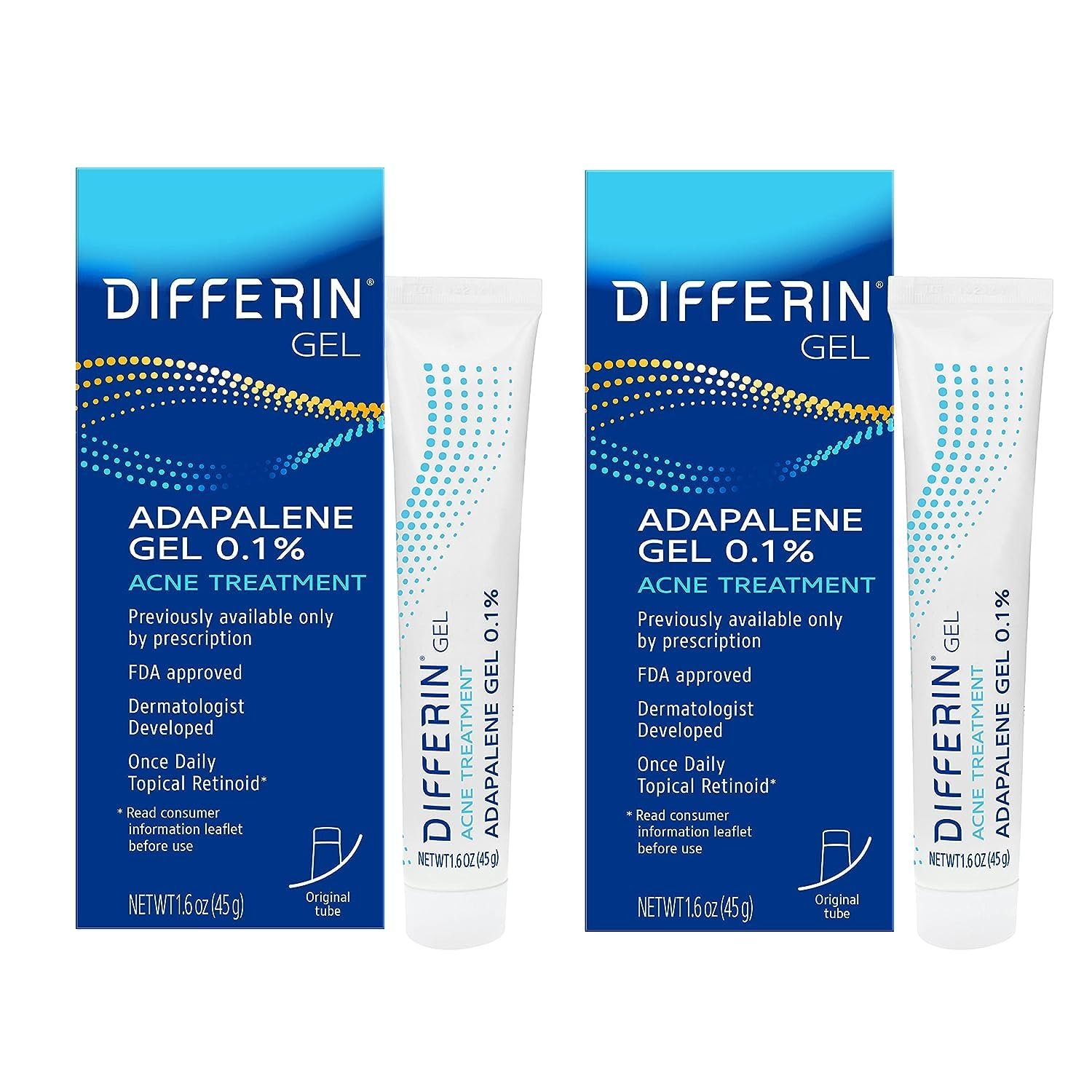 Differin Acne Retinoid Treatment Gel, 0.1% Adapalene, 45g Tube, 2ct | Pack of 2, 180-Day Supply, Retinoid For Adult Acne, Gentle On Sensitive Skin, Dermatologist-Recommended