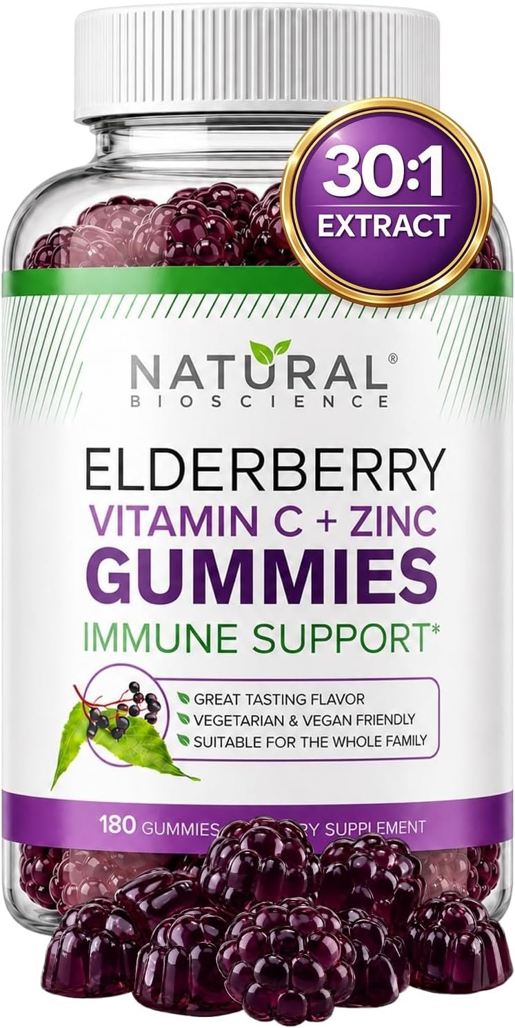 Sambucus Elderberry Gummies with Vitamin C and Zinc, Black Elderberry Gummies for Adults and Kids, Daily Immune Support Supplement, Vegan Chewable Gummies, Gluten-Free, Non-GMO, 180 Count