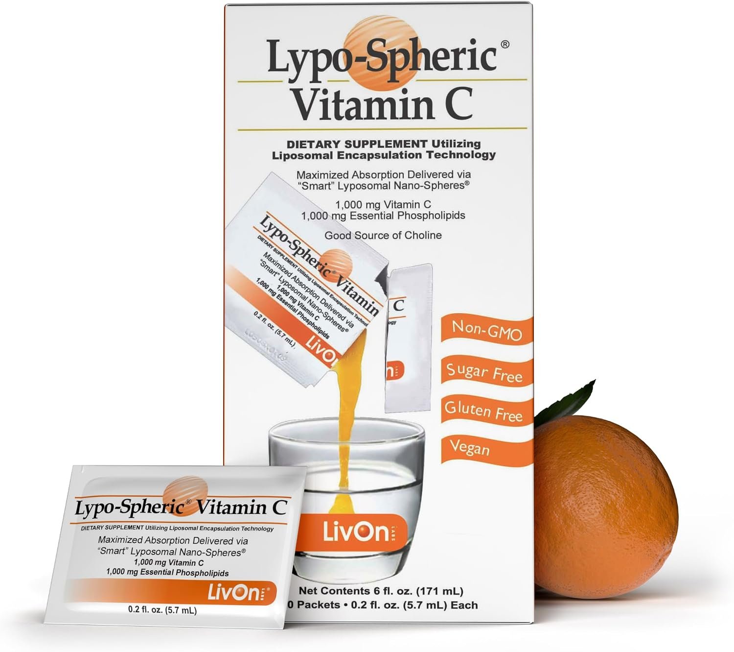 LivOn Laboratories Lypo–Spheric Liposomal Vitamin C 1000mg – No Sugar, Immune Support, Plant Based – Easy to Swallow, Absorbable – Non–GMO, Gluten Free (0.2 fl oz Individual 30 Packets)