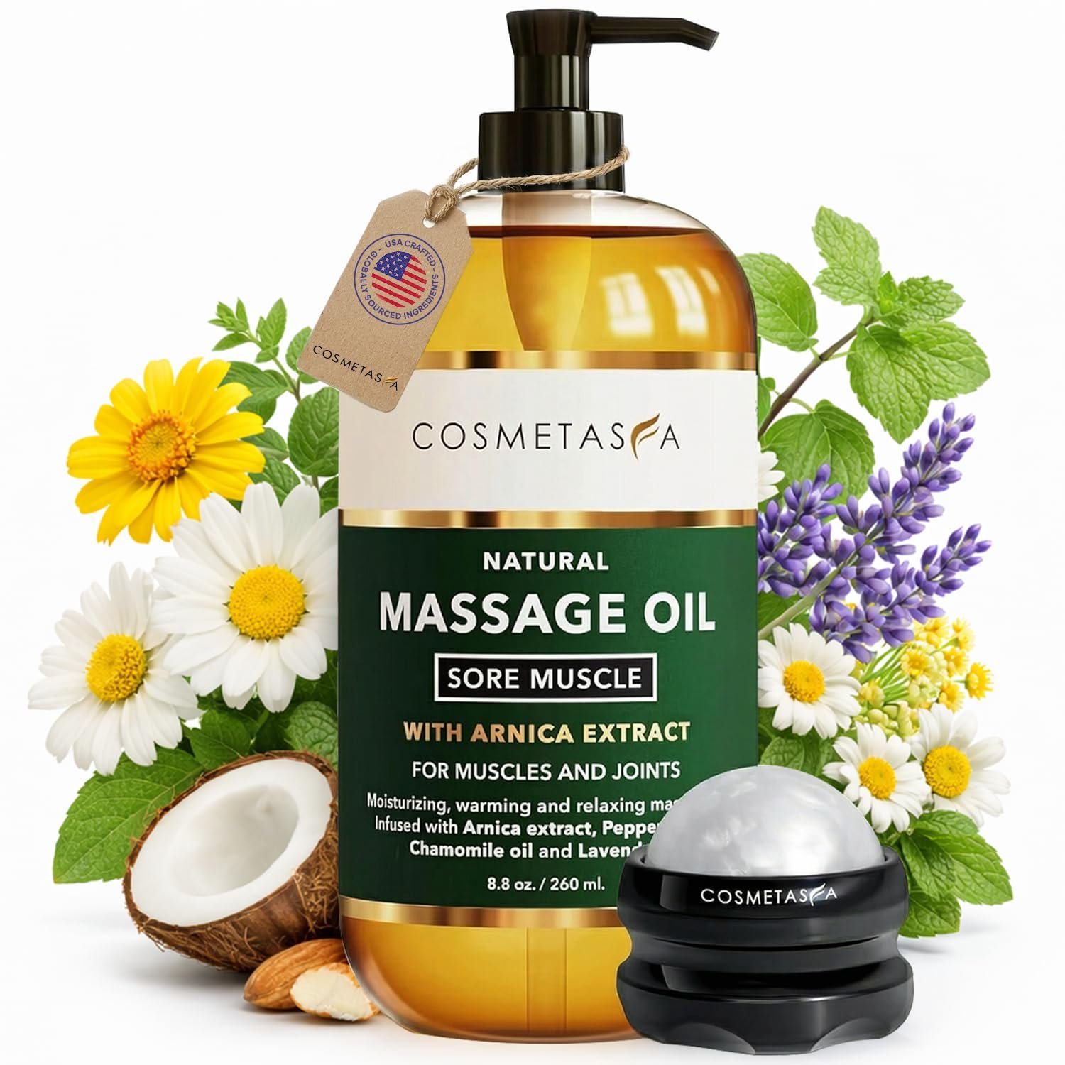 Cosmetasa Massage Oil for Sore Muscle Massage Therapy with Roller – All Natural, Cruelty-Free Massage Oils for Muscle Relaxing & Joint Comfort – Arnica Extract with Lavender & Chamomile Oil (8.8 oz)