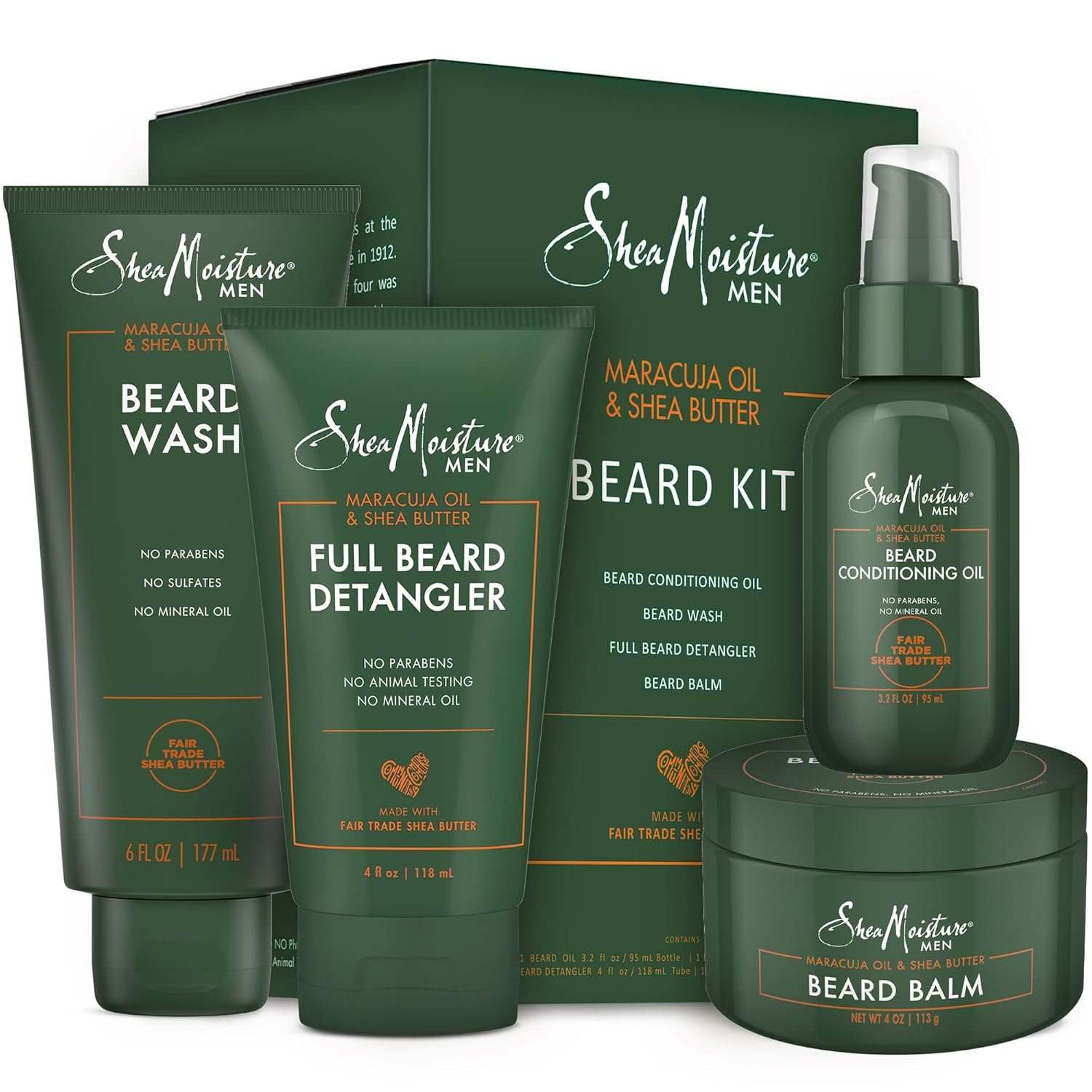 SheaMoisture Beard Kit for Men – Beard Wash, Conditioning Beard Oil, Full Beard Detangler + Beard Balm with Shea Butter & Maracuja Oil, Gifts for Men (4 Piece Set) | Beard Care Kit for Men with Beard Wash, Conditioning Beard Oil, Beard Detangler, Beard Balm | Subtle Cocoa Vanilla Scent