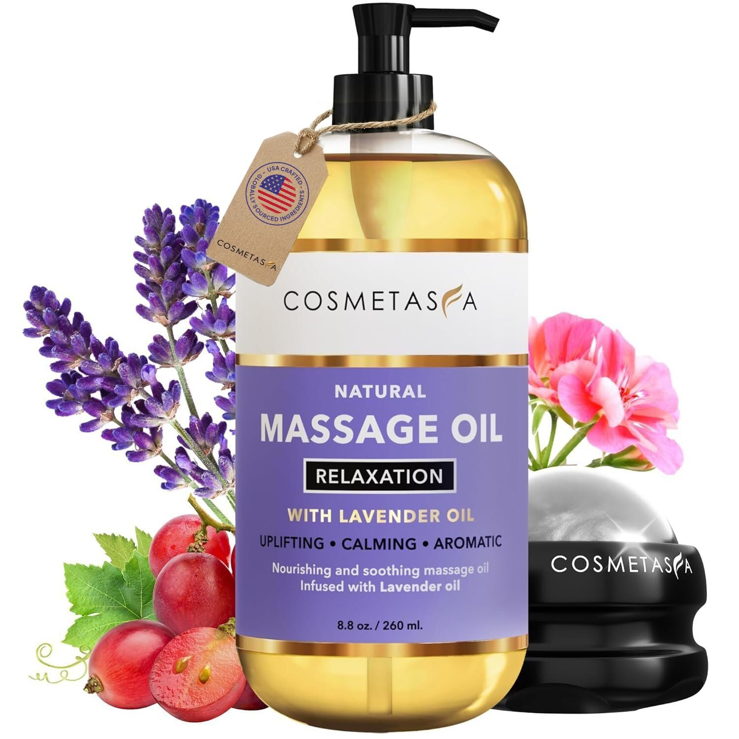 Cosmetasa Lavender Massage Oil for Massage Therapy with Roller – All Natural, Cruelty-Free & Spa Quality Skin Therapy Oil & Soothing Care – Lavender, Geranium & Grapeseed Oil (8.8 oz)