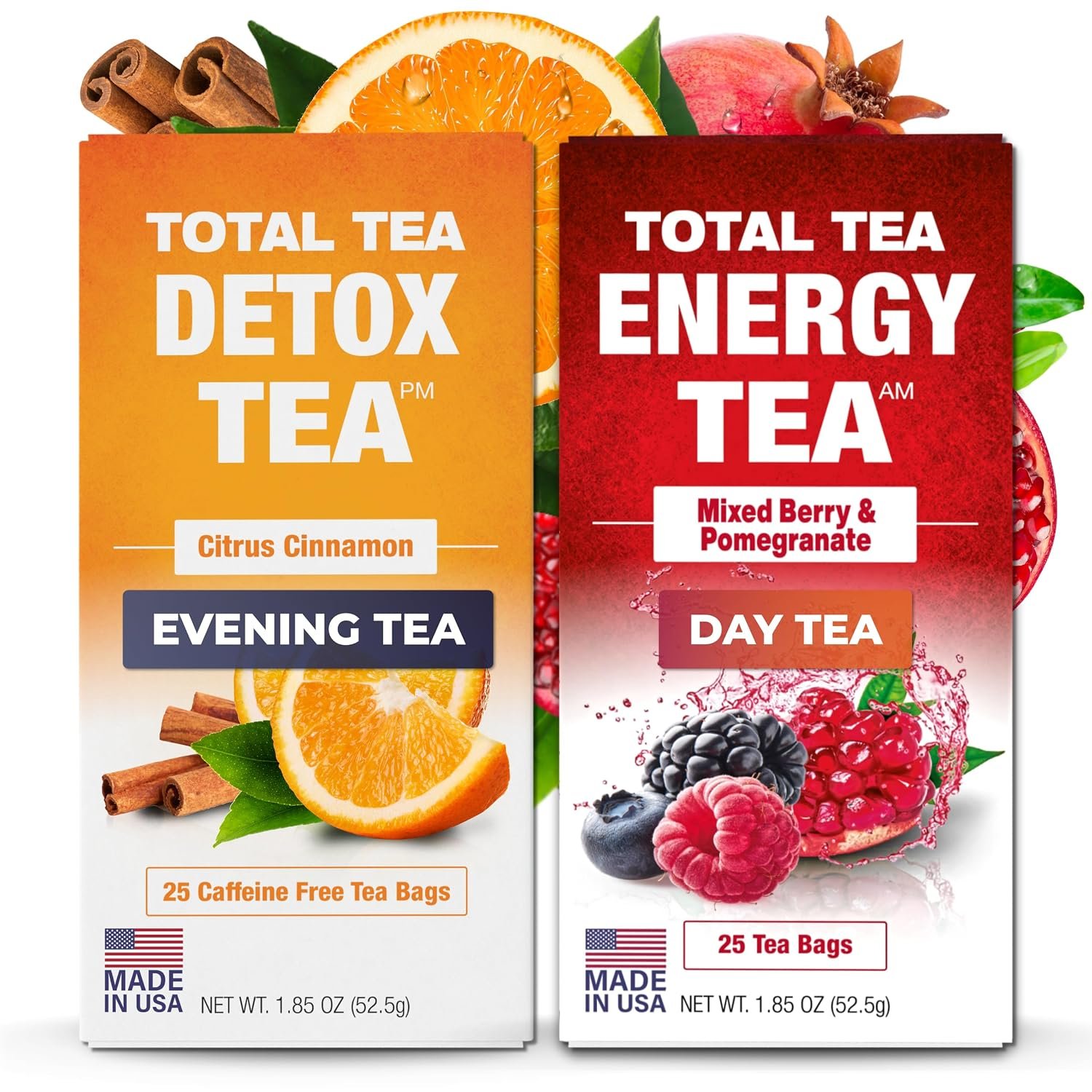 Total Tea Detox Tea and Energy Set Citrus Cinnamon 25 Day | Herbal Chamomile Hibiscus Ginger Root Colon Cleanse Digestive Health Bloating Belly Fat Weight Loss Natural Fruit Tea