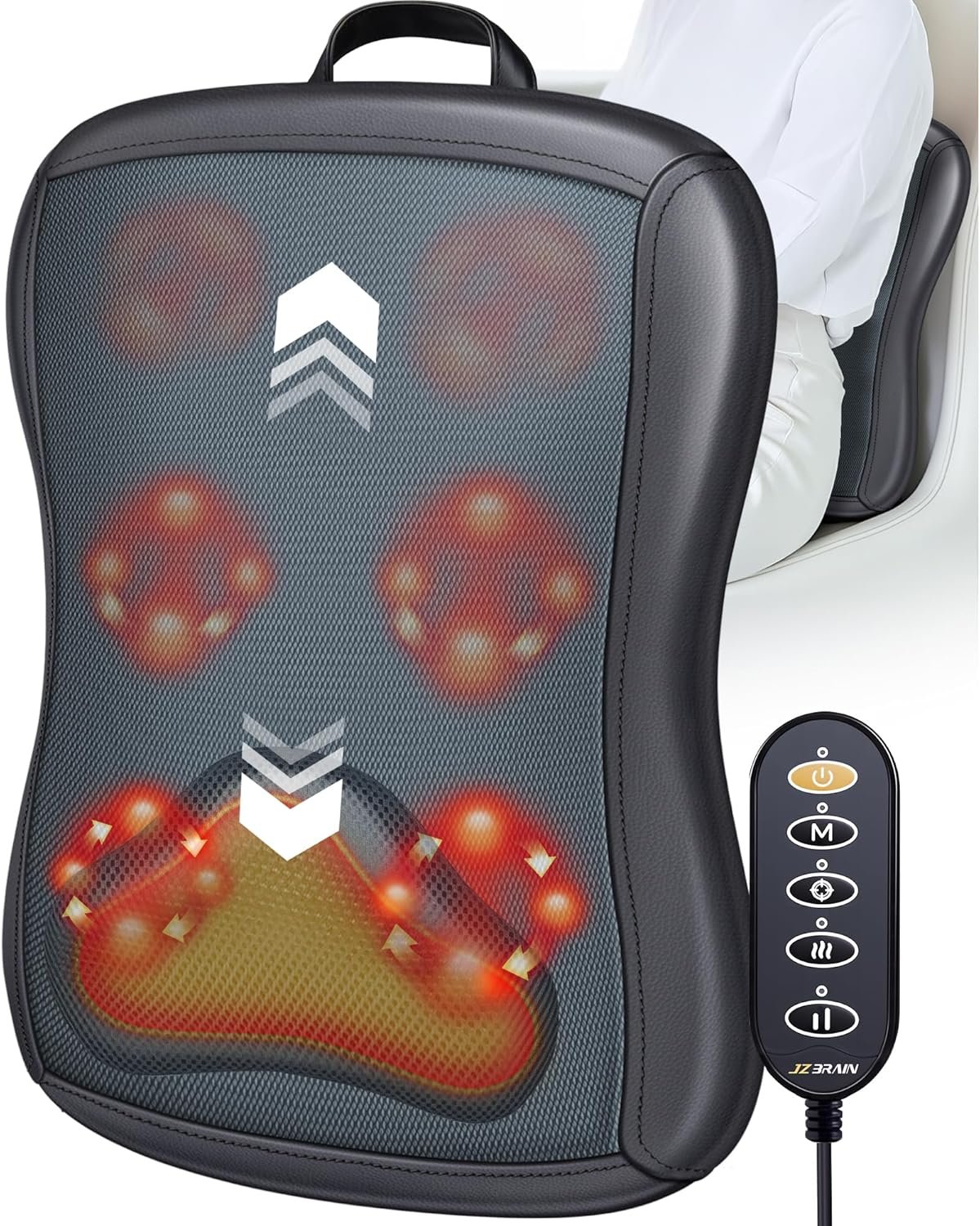 JZBRAIN Shiatsu Back Massager with Heat : Up and Down Rolling Massage – Electric Back Massager for Pain Relief Deep Tissue – Heated Lower Back Massager for Office, Home, Car Use（Black）