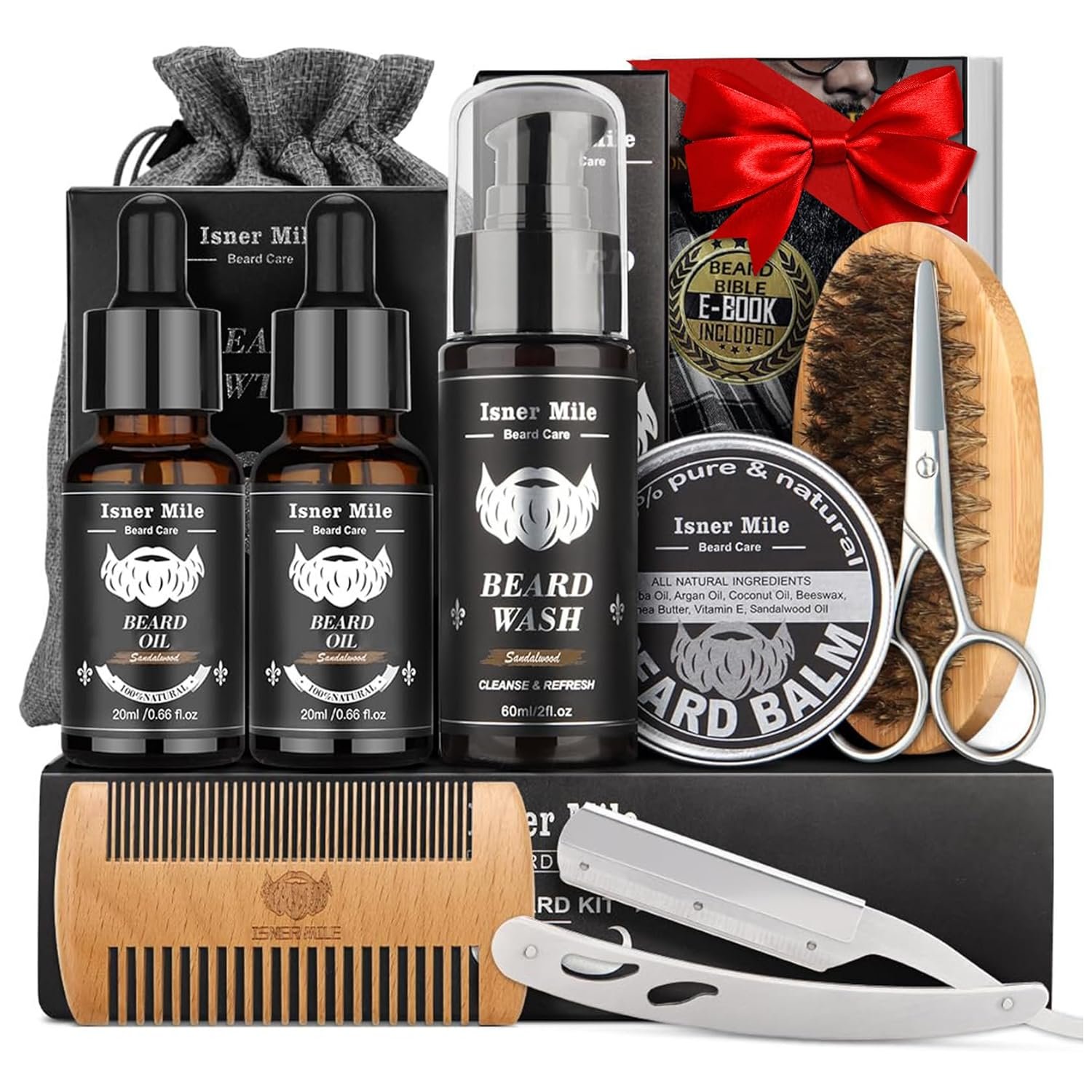 Isner Mile Dad Gifts Fathers Day Husband: from Wife Daughter, Beard Grooming Kit for Men with Beard Oil Balm Wash Brush Comb & Straight Razor, Stocking Stuffers Birthday Gifts for Men Him Boyfriend