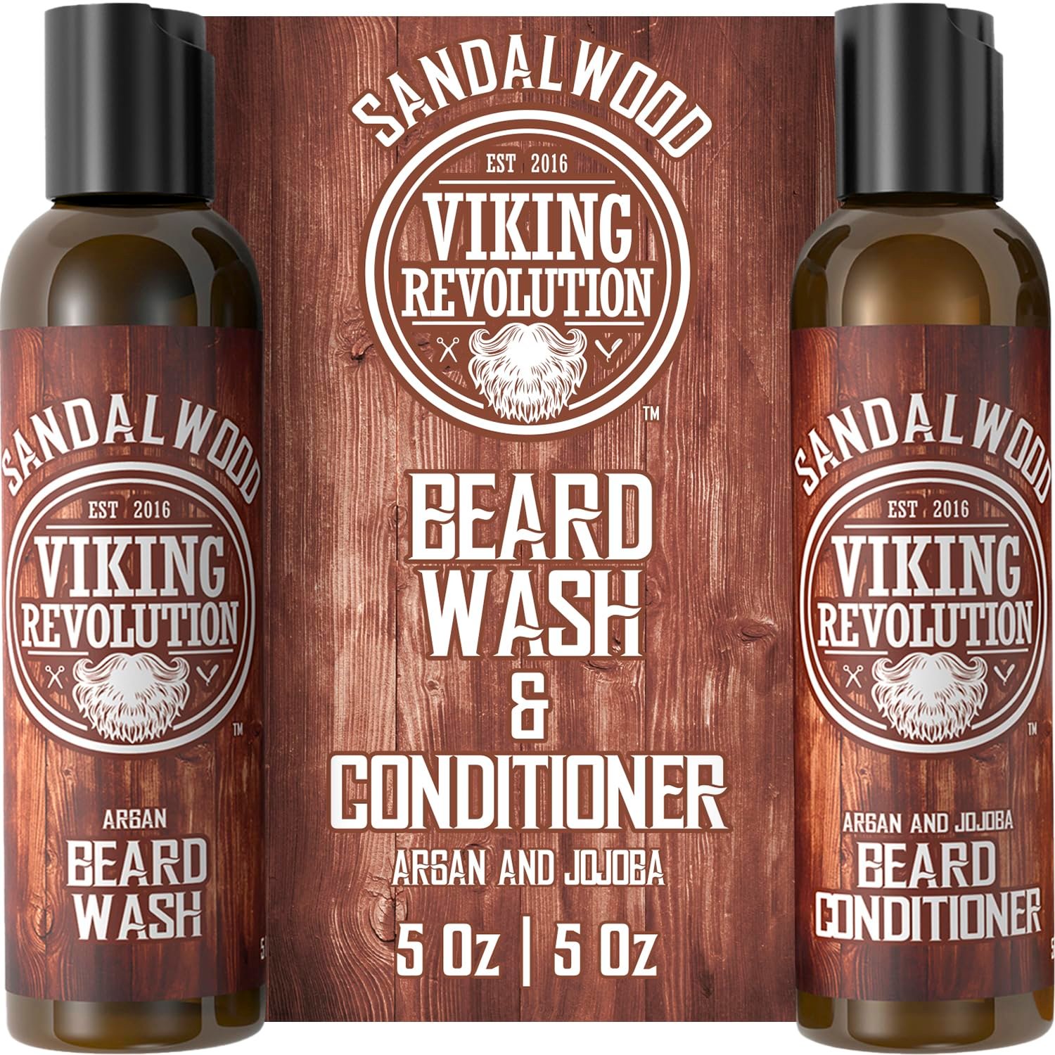 Viking Revolution Beard Wash & Beard Conditioner Set w/Argan & Jojoba Oils – Softens & Strengthens – Natural Beard Shampoo w/Beard Oil Sandalwood (5oz)