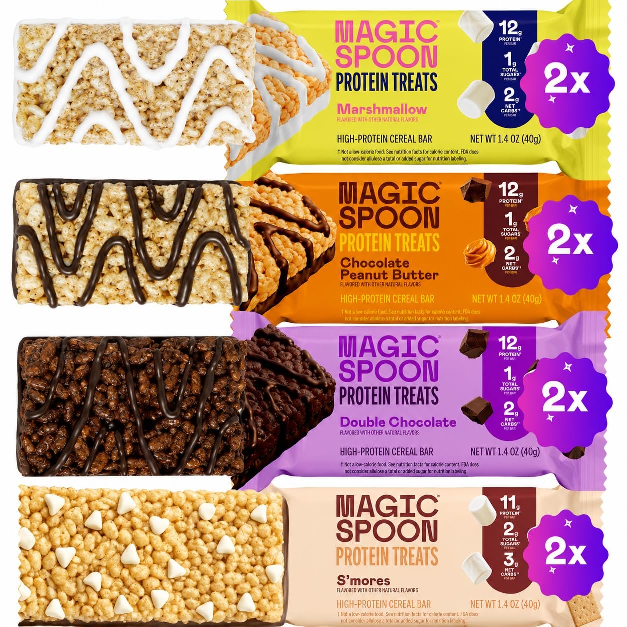 Magic Spoon Treats Variety – 8 High Protein Bars, 4 Flavors, Gluten Free | 2 Marshmallow, 2 Chocolate Peanut Butter, 2 S’mores & 2 Double Chocolate, sugar free cereal bar, low carb, keto