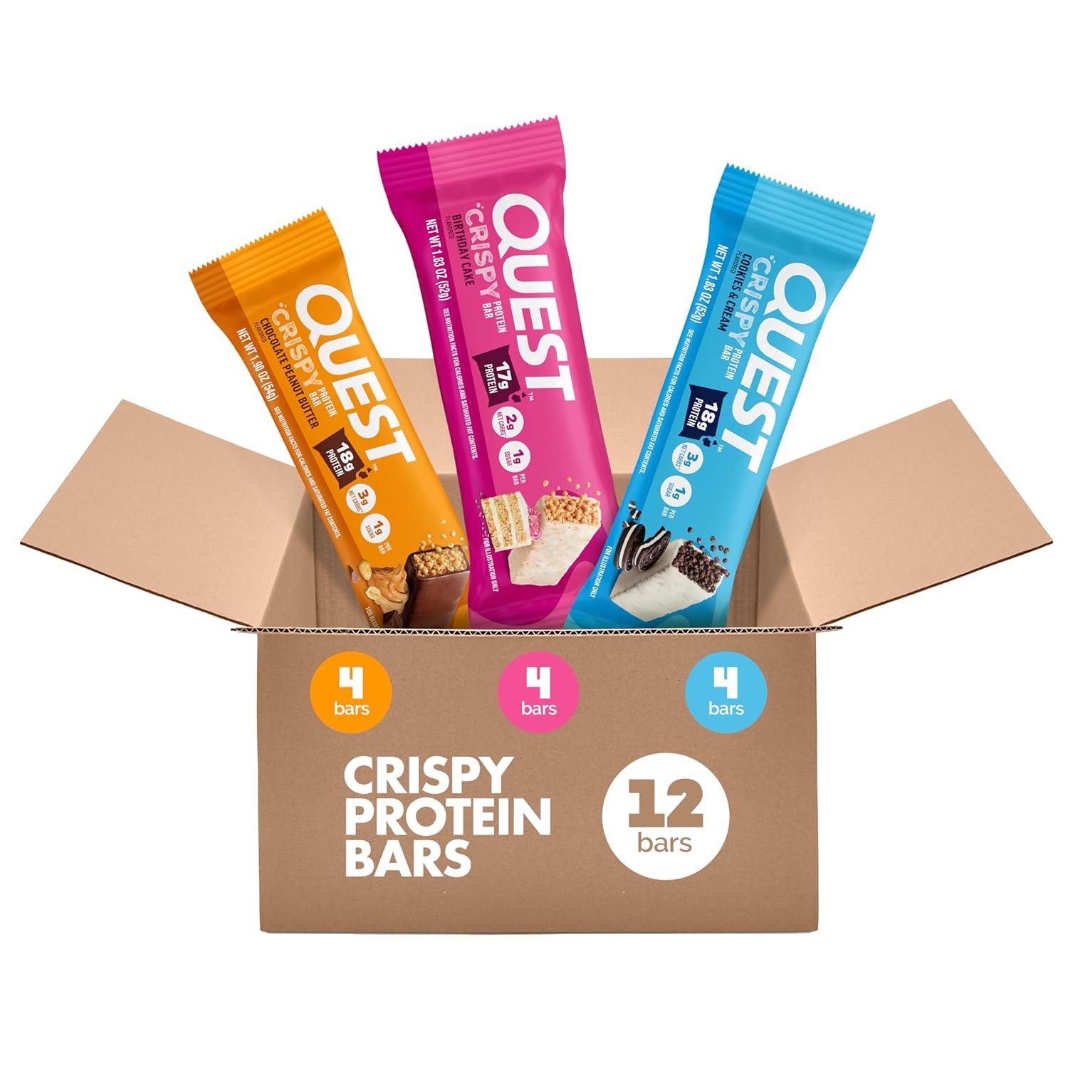 Quest Nutrition Crispy Protein Bars, Variety Pack, 17-18g Protein, 12 Count | Cookies & Cream, Birthday Cake, Chocolate Peanut Butter, 4 bars each, 1g Sugar, 2-3g Net Carbs, High Quality Protein