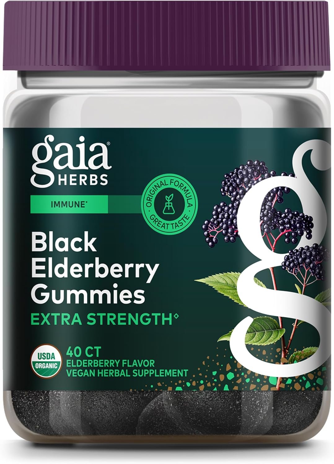 Gaia Herbs Black Elderberry (Sambucus nigra) Extra Strength Gummies – Delicious Immune Support Supplement* – Certified Organic Black Elderberries for Immune System Support* – 40 Gummies (20 Servings)