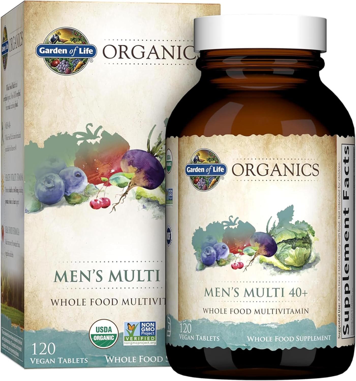 Garden of Life Organics Whole Food Multivitamin for Men 40+ 120 Tablets, Vegan Mens Multi for Health & Well-Being Certified Organic Whole Food Vitamins & Minerals for Men Over 40 Mens Vitamins