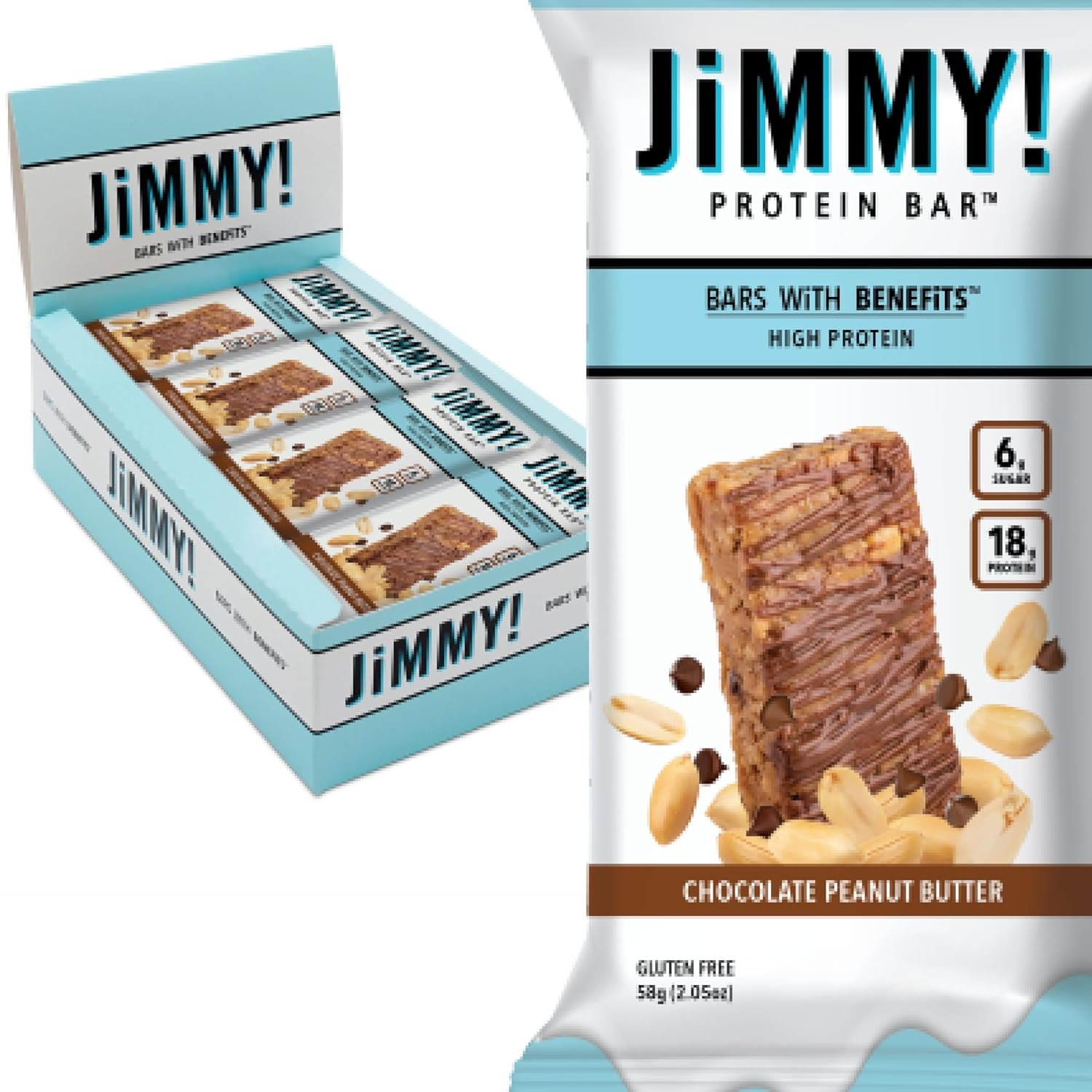 JiMMYBAR! Chocolate Peanut Butter Protein Bars 18g Protein Bar, 6g Low Sugar – 12 Count – 58g Health Bars – Functional Snack with Real Peanuts & Hand-Drizzled Chocolate