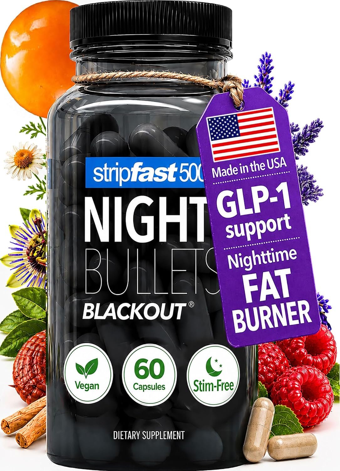 Night Bullets Weight Loss Pills for Women & Men, Stim-Free Nighttime Fat Burner, GLP-1 Support, Appetite Suppressant, Diet Pills with Ashwagandha & CLA, 60 Capsules
