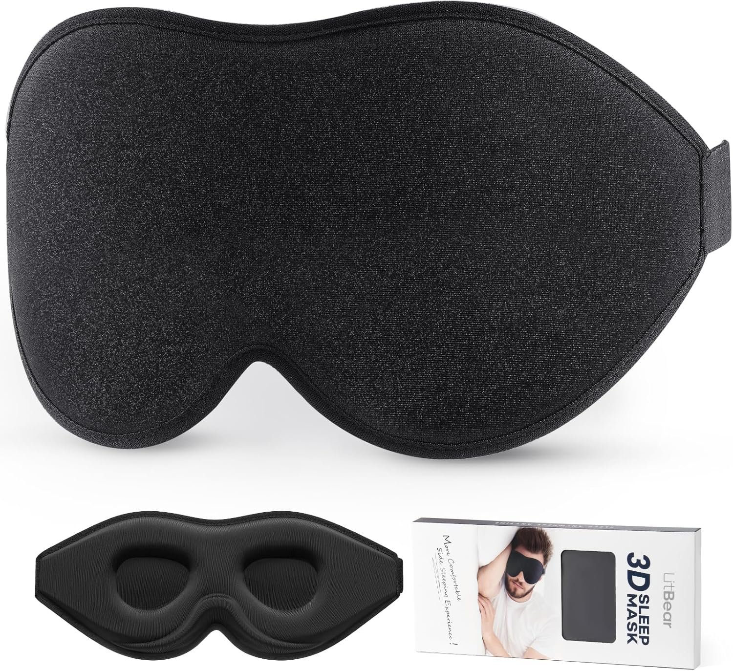LitBear Sleep Mask for Side Sleeper Women Men, Eye Mask for Sleeping | Light Blocking 3D Contoured Sleeping Mask, Soft Breathable Sleep Eye Mask with Adjustable Elastic Strap for Travel, Black