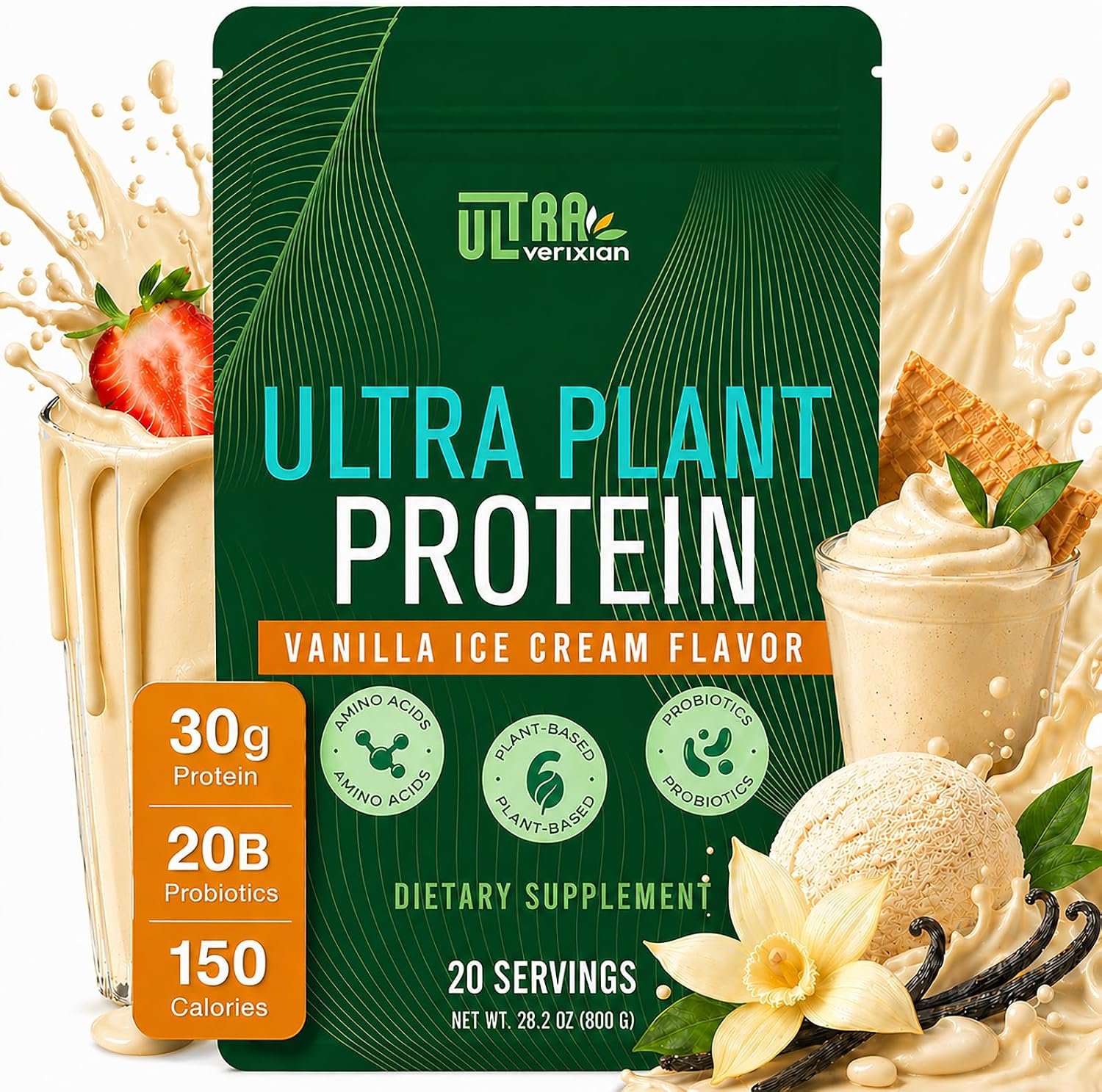 30g Organic Vegan Protein Powder, Plant-Based Protein Powder, Meal Replacement, 20 Billion Probiotics, 0g Sugar, Energy, Focus, Recovery, Dairy-Free, Easy Digestion, Vanilla, 20 Servings
