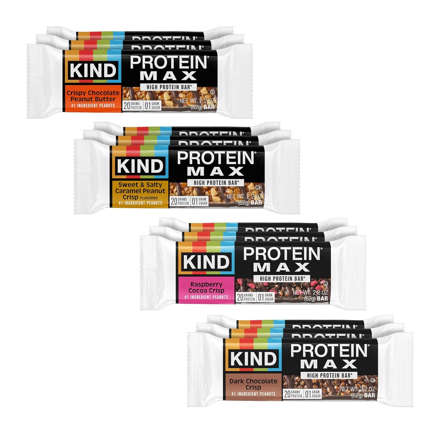 KIND MAX Bars Variety Pack, Gluten Free, Low Sugar, High Fiber Snacks, Crispy Chocolate Peanut Butter, Sweet & Salty Caramel Peanut, Raspberry Cocoa, Dark Chocolate, 20g Protein, 12 Count