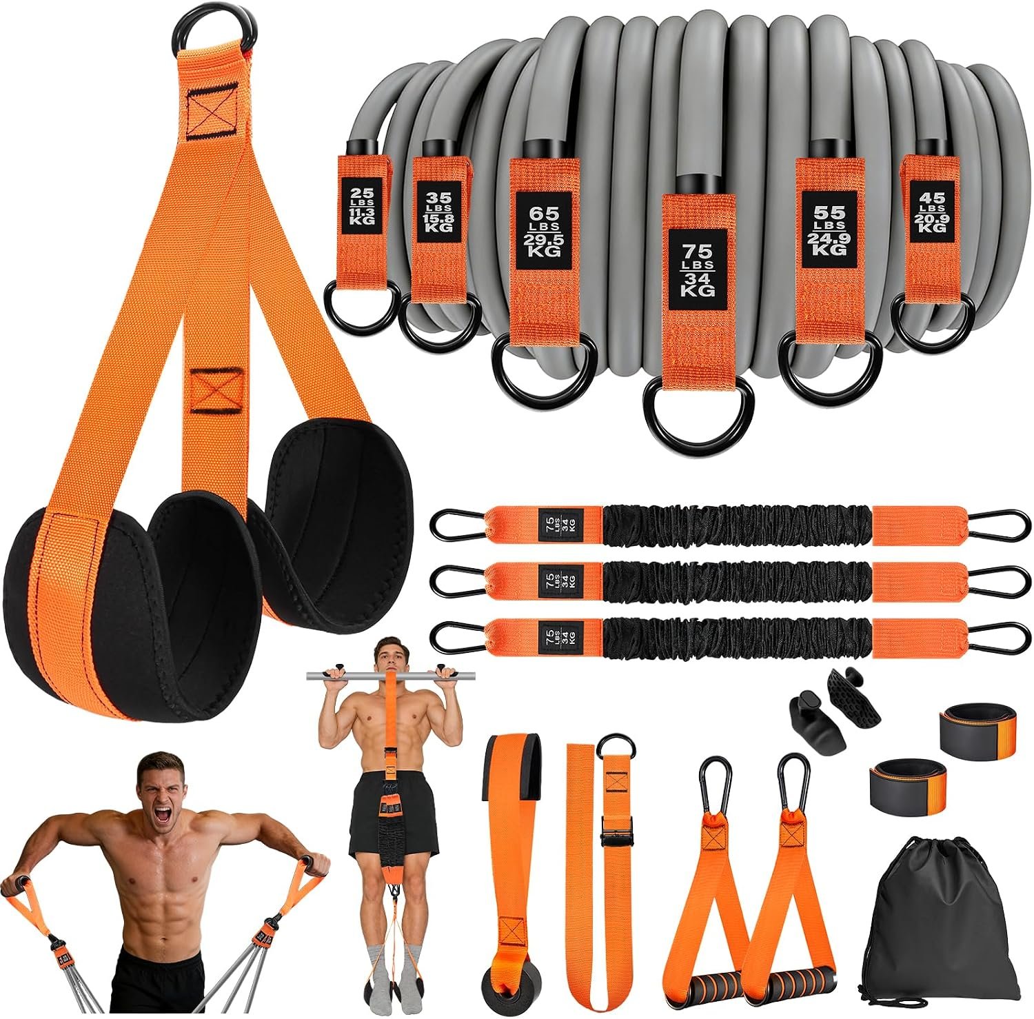 2 in 1 18PCS Heavy Resistance Bands & Assisted Pull Up Bands Combo – 300LBS/225LBS with Non-Slip Handles, Ankle Straps, Door Anchor, Adjustable Bands & Foot Pedals for Strength Training