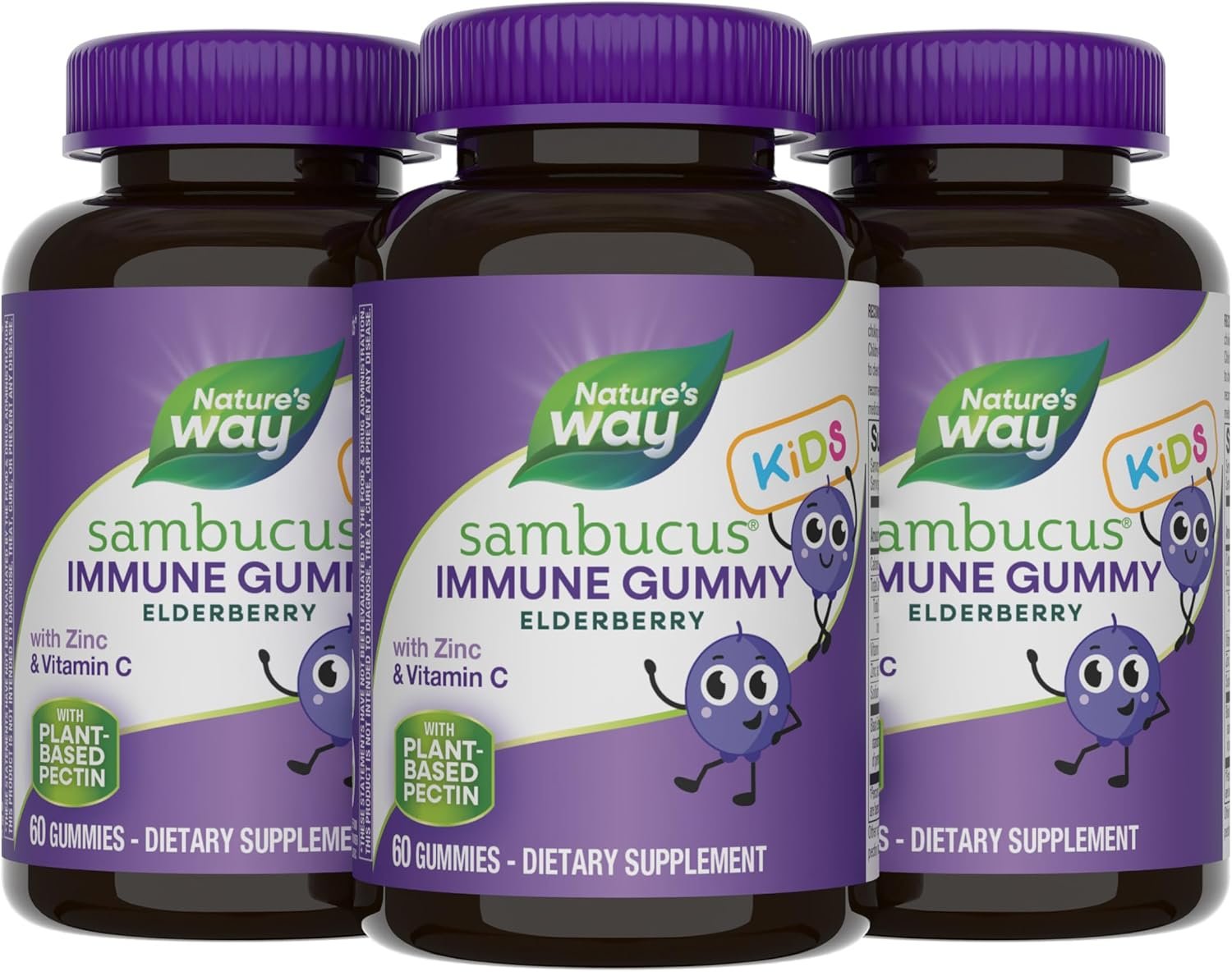 Nature’s Way Sambucus Kids Elderberry Immune Gummies, Ages 2+, 60 ct x 3 | Daily Immune Support Gummy with Black Elderberry Extract, Vitamin C and Zinc, for Children Ages 2+*, Set of 3