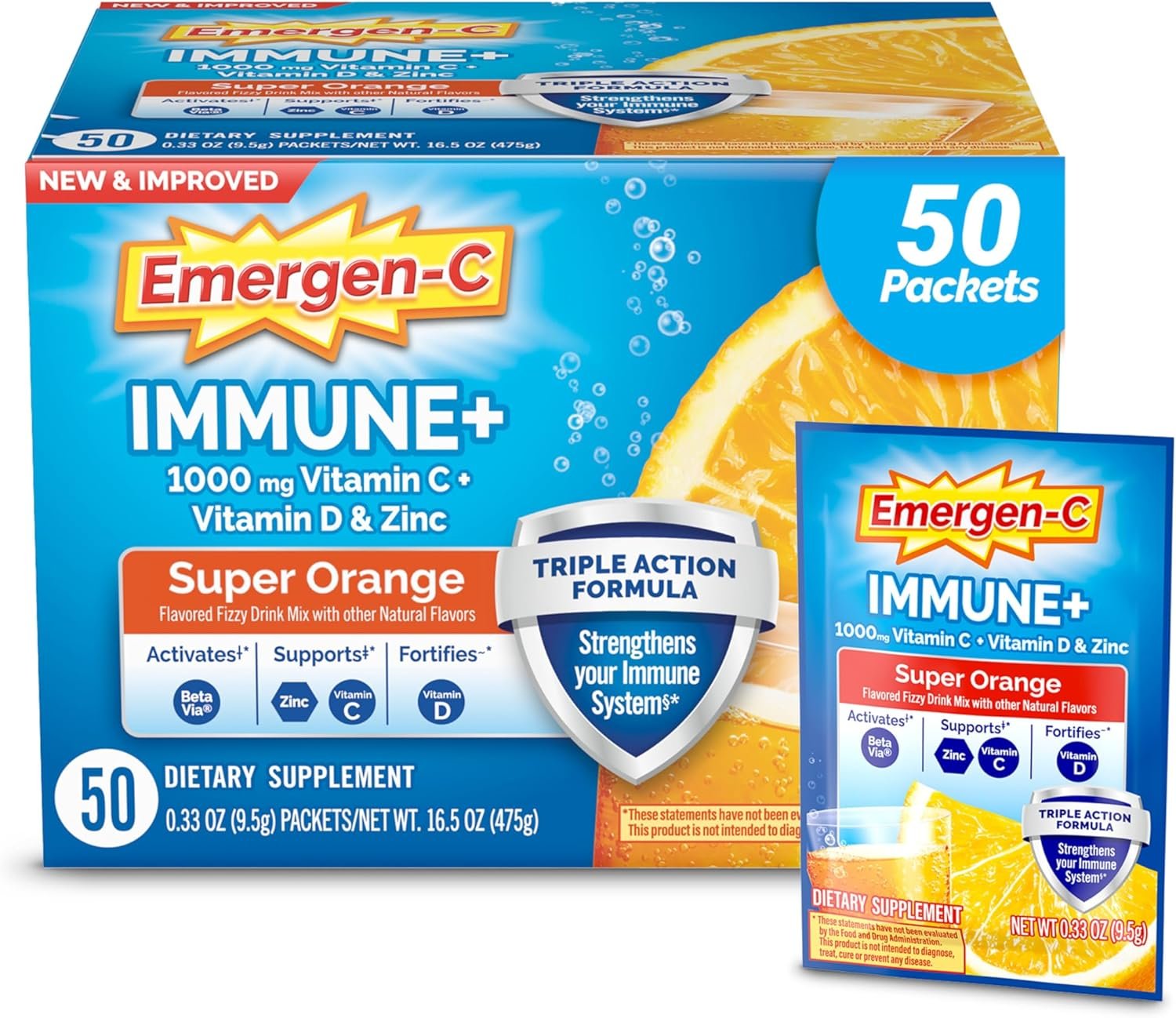 Emergen-C Immune+ Triple Action Immune Support Powder, Super Orange, 50 ct | BetaVia Triple Action, Vitamin D, B Vitamins, Zinc and Manganese, Energy Support, 50 Day Supply