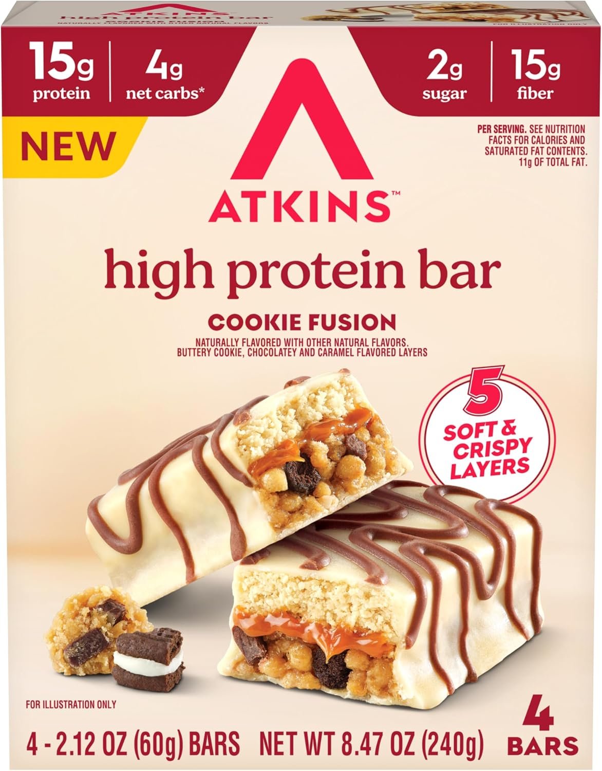 Atkins High Protein Bars, Cookie Fusion Flavor, 15g Protein, 4 Count
