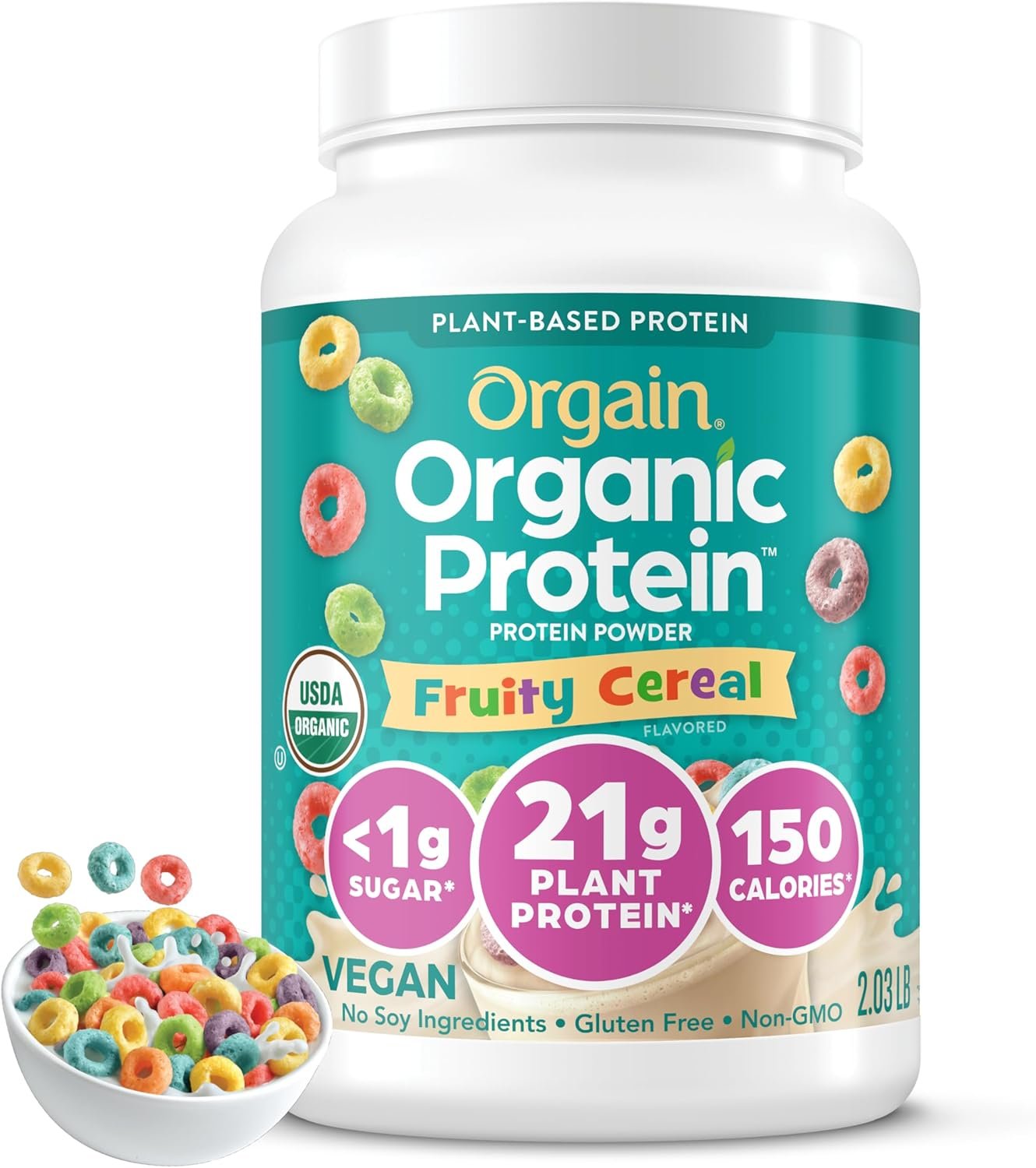 Orgain Organic Vegan 21g Protein Powder, Fruity Cereal, 2.03 lb