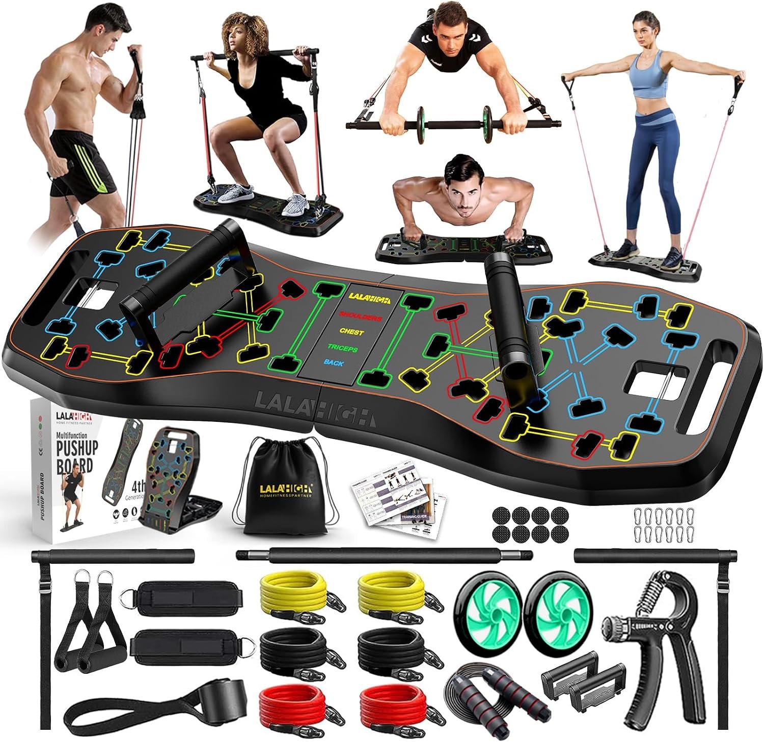 Push Up Board,36 in 1 Home Gym Equipment with Ab Roller Wheel & Resistance Bands, Portable Foldable Workout Board for Full Body Strength Training Men Women,Gift for Boyfriend