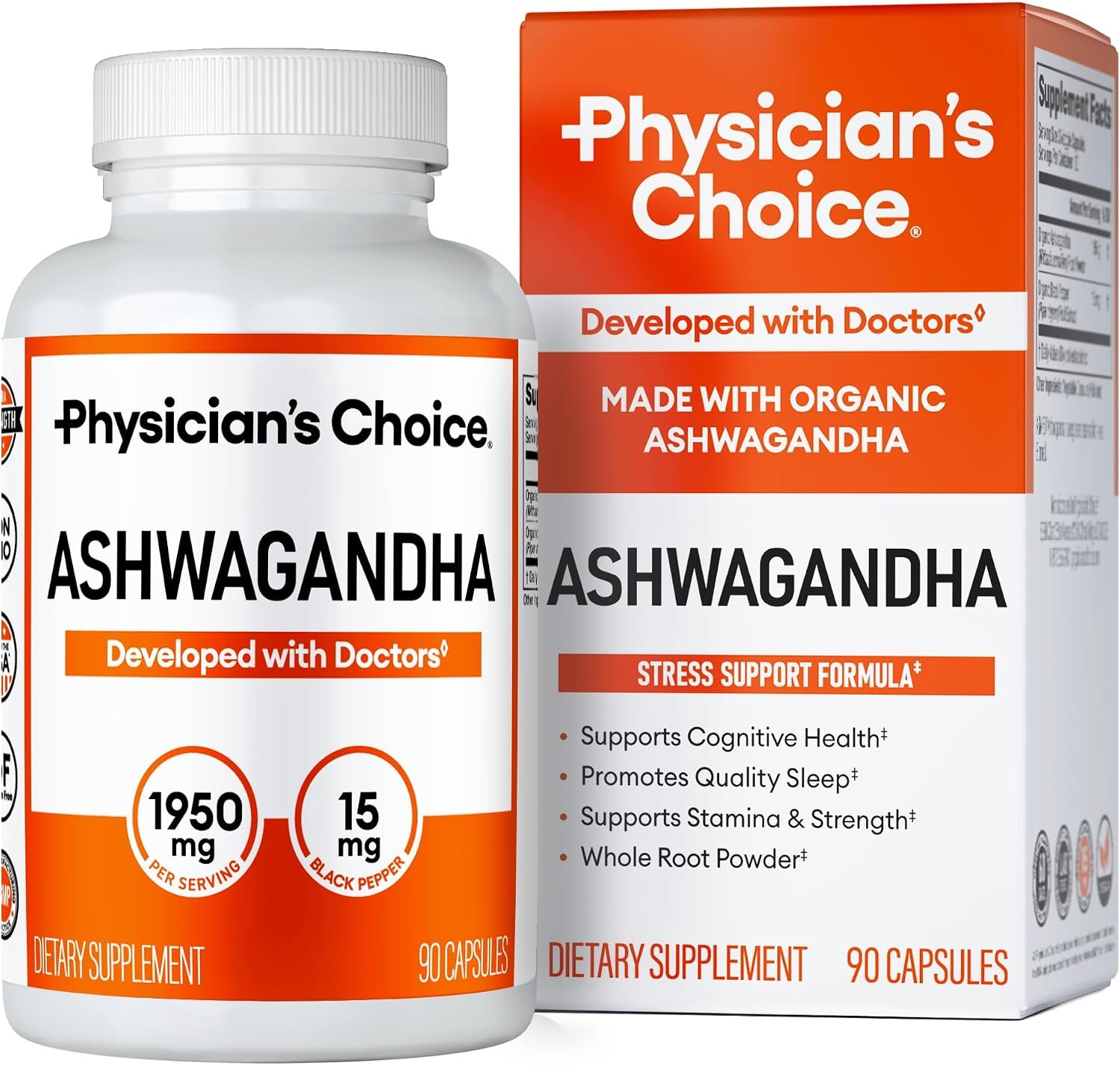 Physician’s CHOICE Ashwagandha Supplement – 1950mg of Bioavailable Organic Ashwagandha Root Powder – Black Pepper Extract, Stress Support, Mood Support Supplement, 90 Veggie Capsules