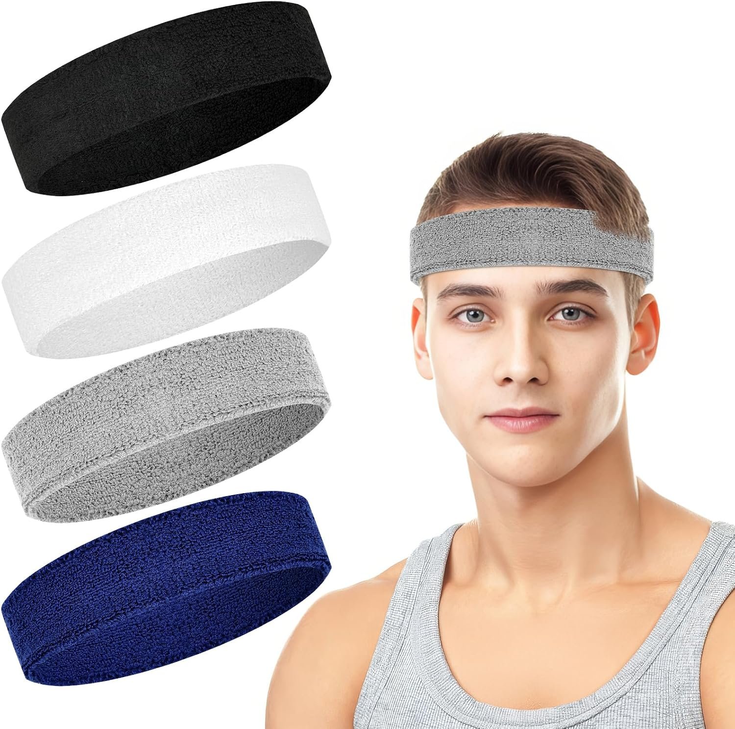 4 Pack Cotton Terry Sweat Headbands for Men Women Running Gym | 4 pack soft cotton terry headbands, Stretch 7 to 15 inches, Sweat-wicking, stays put for running, tennis, basketball & yoga