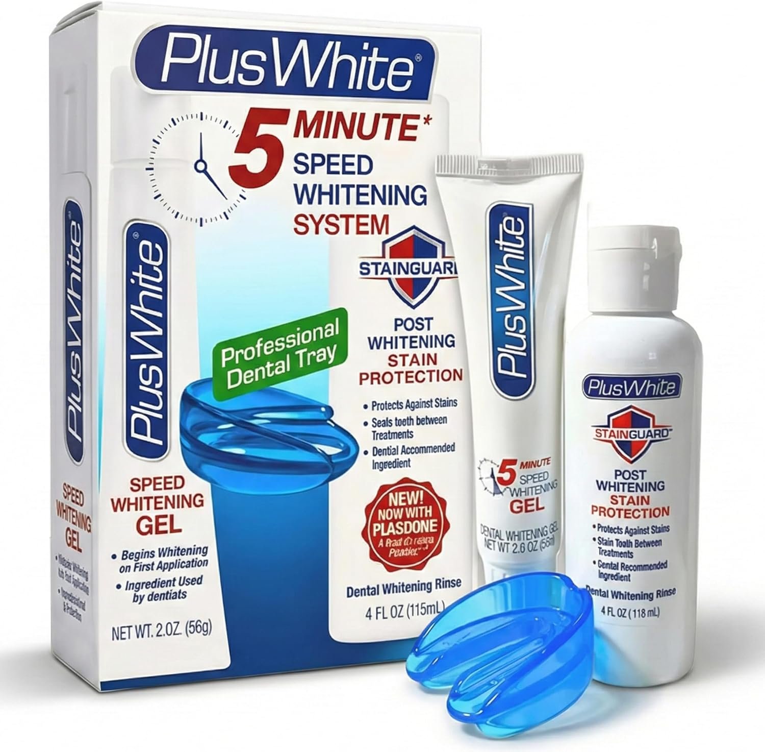 Plus White Premier Whitening System – 5 Minute Speed Whitening Gel, Comfort Fit Mouth Tray & StainGuard Post – Dentist Approved & Professional Grade (2 oz Tube, Mouth Tray and 4 oz Post Rinse)