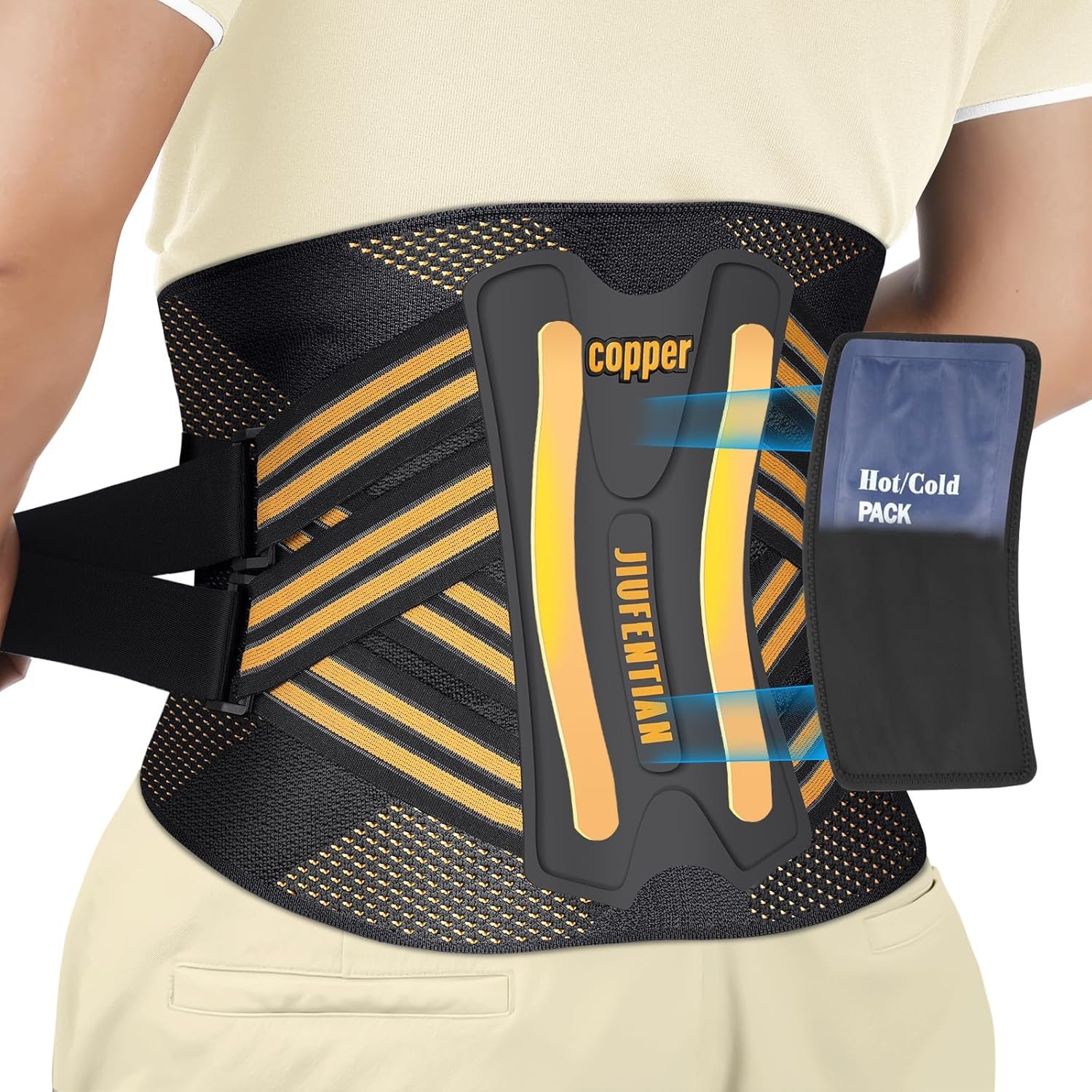 JIUFENTIAN Copper Lower Back Brace with Removable Dual Spine Rods & Therapy Pocket-Ultra Breathable for lower back pain Relief & Work Support(2X-Large)