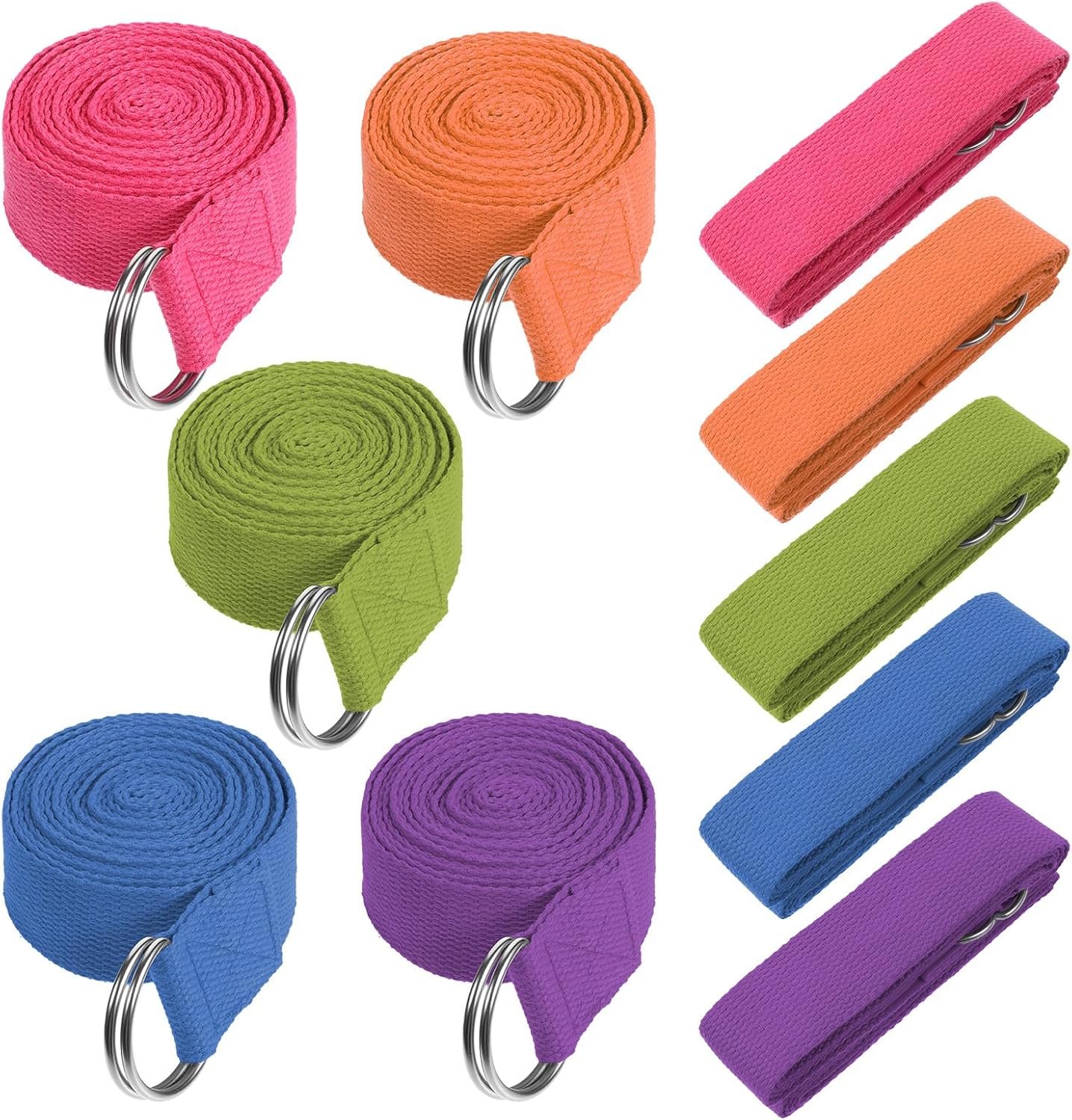 10 Pcs Yoga Strap for Stretching Bulk 8 Ft Cotton Polyester Stretch Band with Metal D Ring Adjustable Non Elastic Yoga Stretching Strap Bulk for Pilates Dance Gym Workout Physical Therapy (Multicolor)