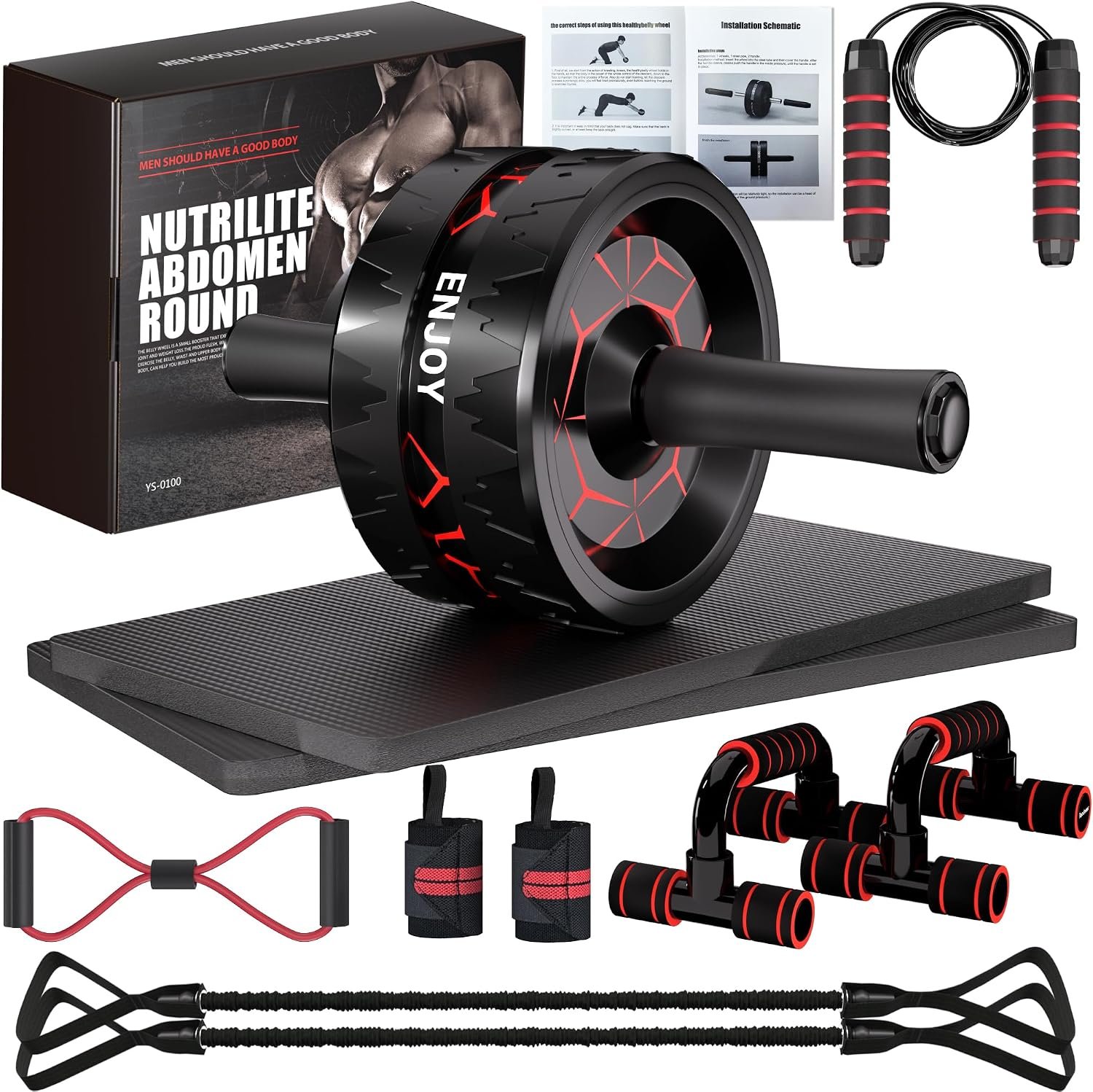 Readaeer Ab Roller Wheel, Ab Exercise Wheels Kit with Ab Roller, Resistance Bands, Knee Mat, Jump Rope, Push-Up Bar