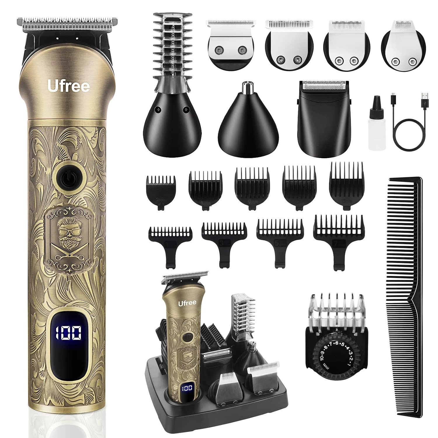 Ufree 7-in-1 Beard Trimmer for Men, Electric Razor Shaver, Men Grooming Kit | 1-10 mm Adjustable Comb for All Mustache Lengths, Type-C, LED Display, Versatile Use on Sideburns, Body, Nose Hair, Men Gift
