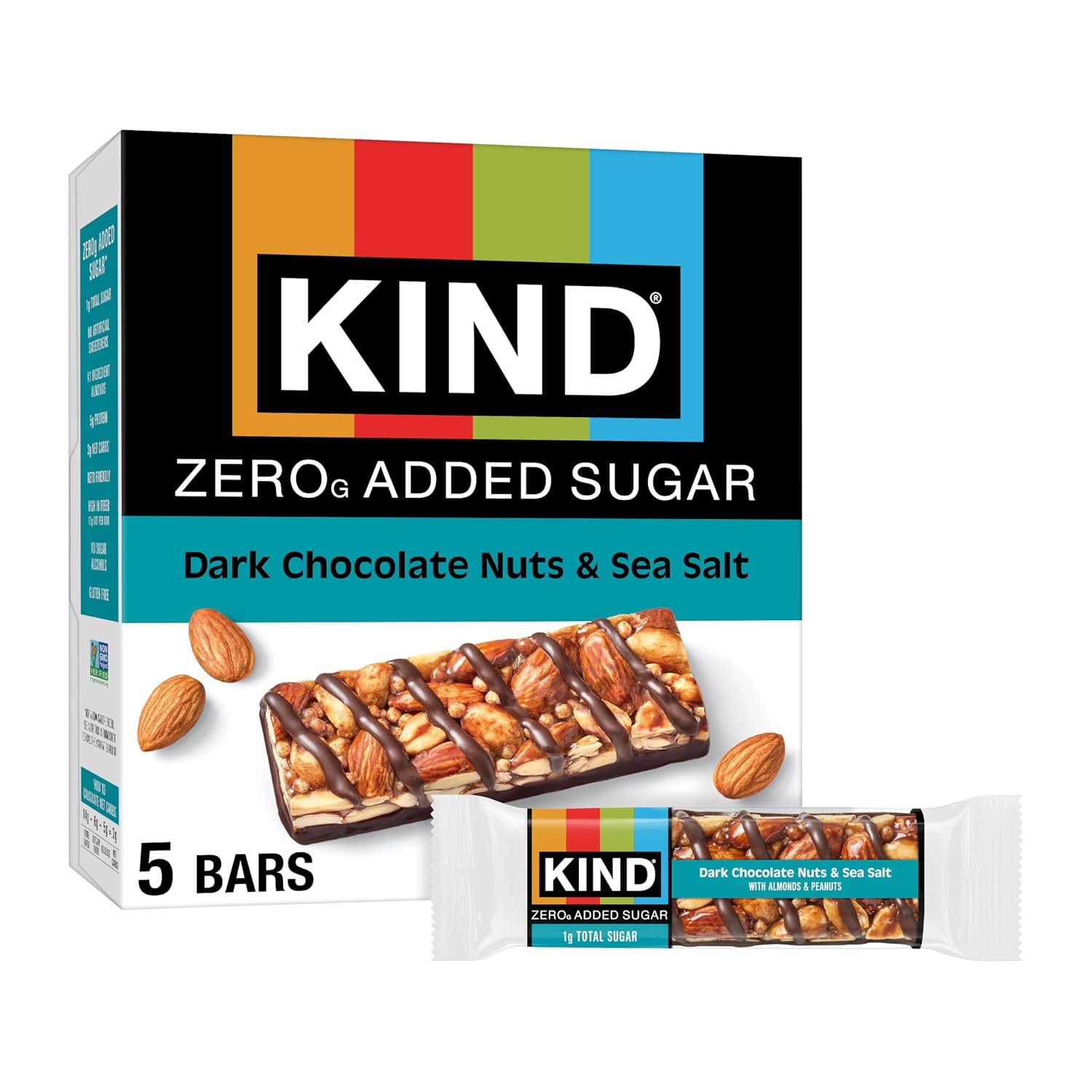 Kind Zero Added Sugar Healthy Snacks Bars, Dark Chocolate Nuts & Sea Salt, Gluten Free, High Fiber, Keto Snacks, 5g Protein, 5 Count | A pre-workout boost with 0g added sugar, 5g protein and 4g net carbs. These crunchy, keto-friendly nut bars are gluten free.