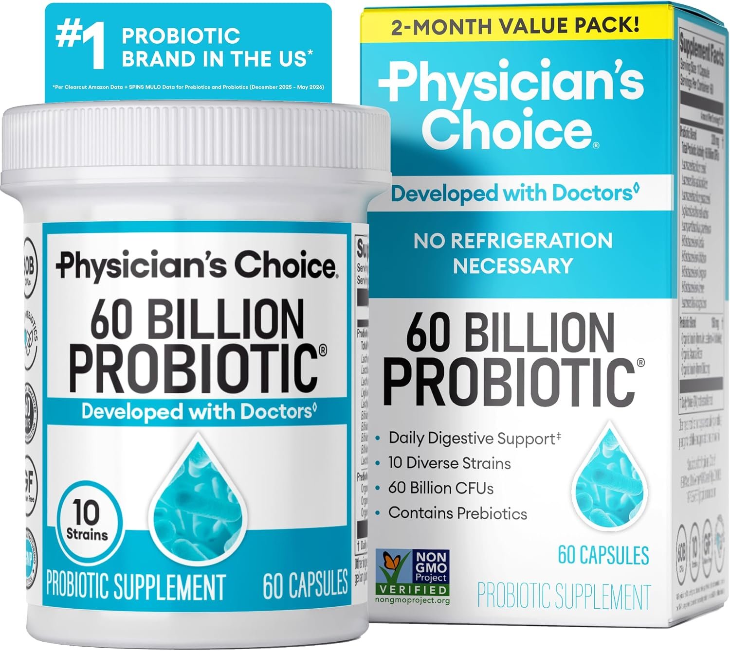 Physician’s CHOICE Probiotics 60 Billion CFU – 10 Strains + Organic Prebiotics – Immune, Digestive & Gut Health – Supports Occasional Constipation, Diarrhea, Gas & Bloating – for Women & Men – 60ct