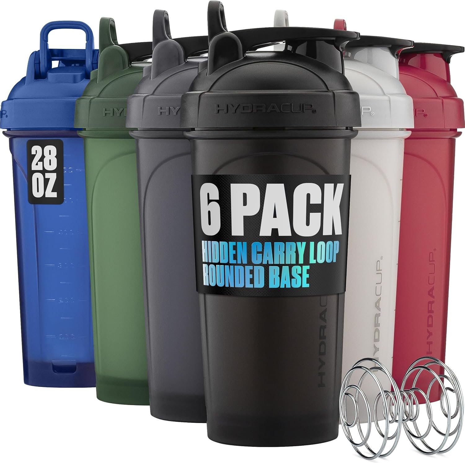 Hydra Cup – 6 Pack, 28oz Large Protein Shaker Bottles with Handle, Bulk Set | Leak-proof BPA-free cups for powder mixing. 304 stainless steel wire whisk in each. Top-rack safe. 6 gym colors.