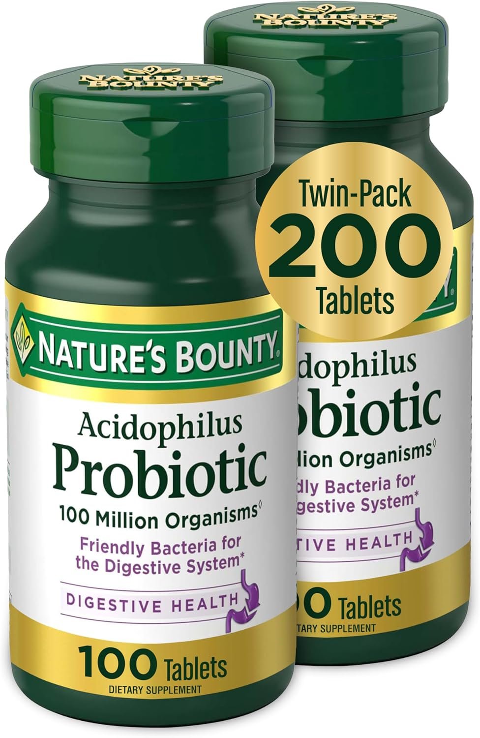 Nature’s Bounty Acidophilus Probiotic, Daily Probiotic Supplement | Digestive Health, 200 Tablets, Twin Pack