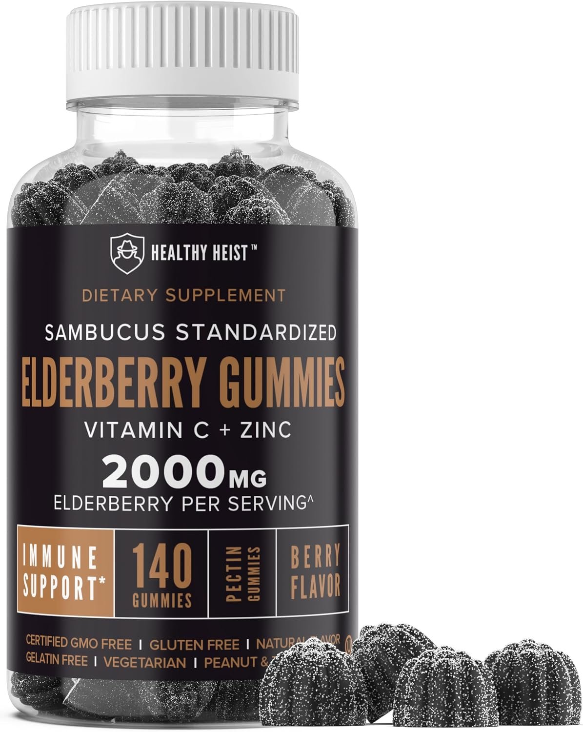 Sambucus Black Elderberry Gummies, Zinc, Vitamin C, 140 Count | Chewable Immune Support, Adults and Kids, Berry Flavor, Non-GMO, Kosher, Pectin, Vegan, Simple Daily Use, Easy Daily Use