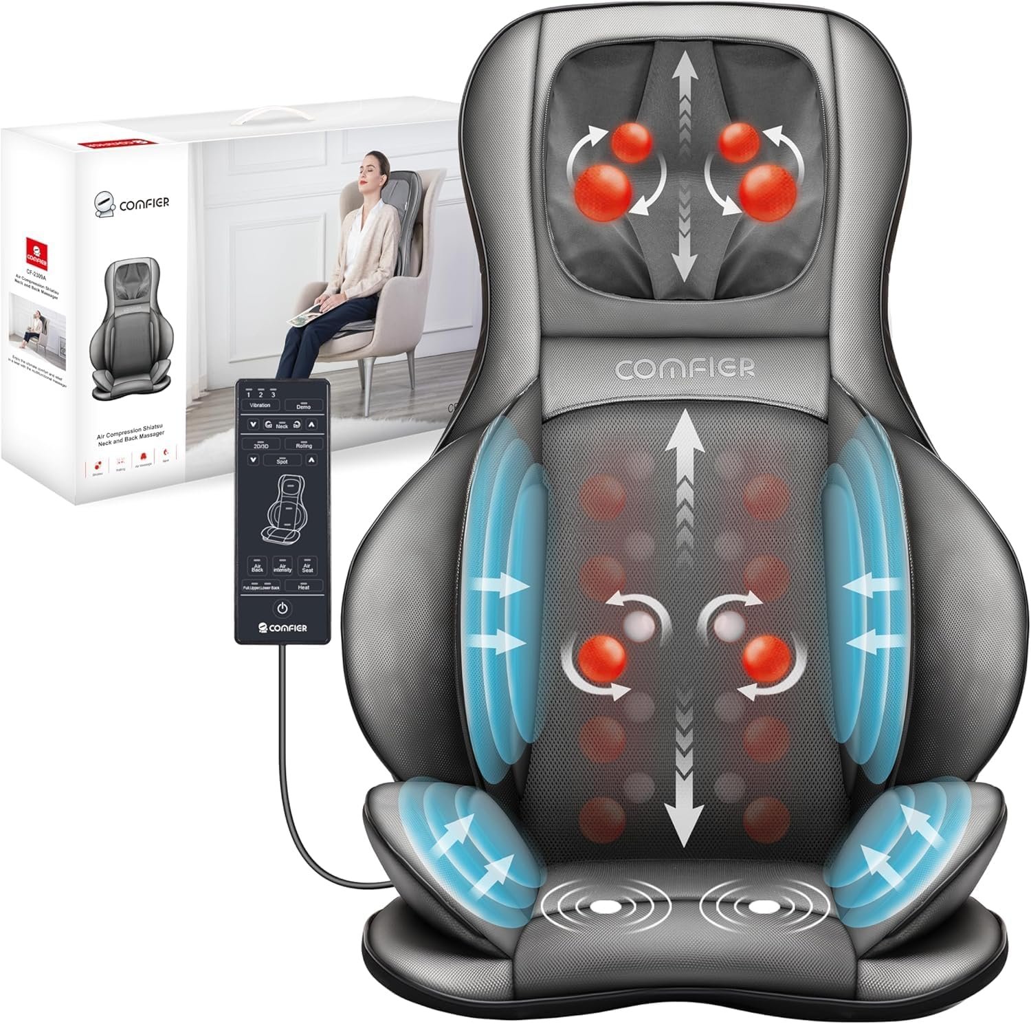 COMFIER Shiatsu Neck and Back Massager with Heat, Massage Chair Pad with Adjustable Neck, Rolling & Spot Back Massage, 3-Level Compression and Seat Vibration for Home Office Chairs