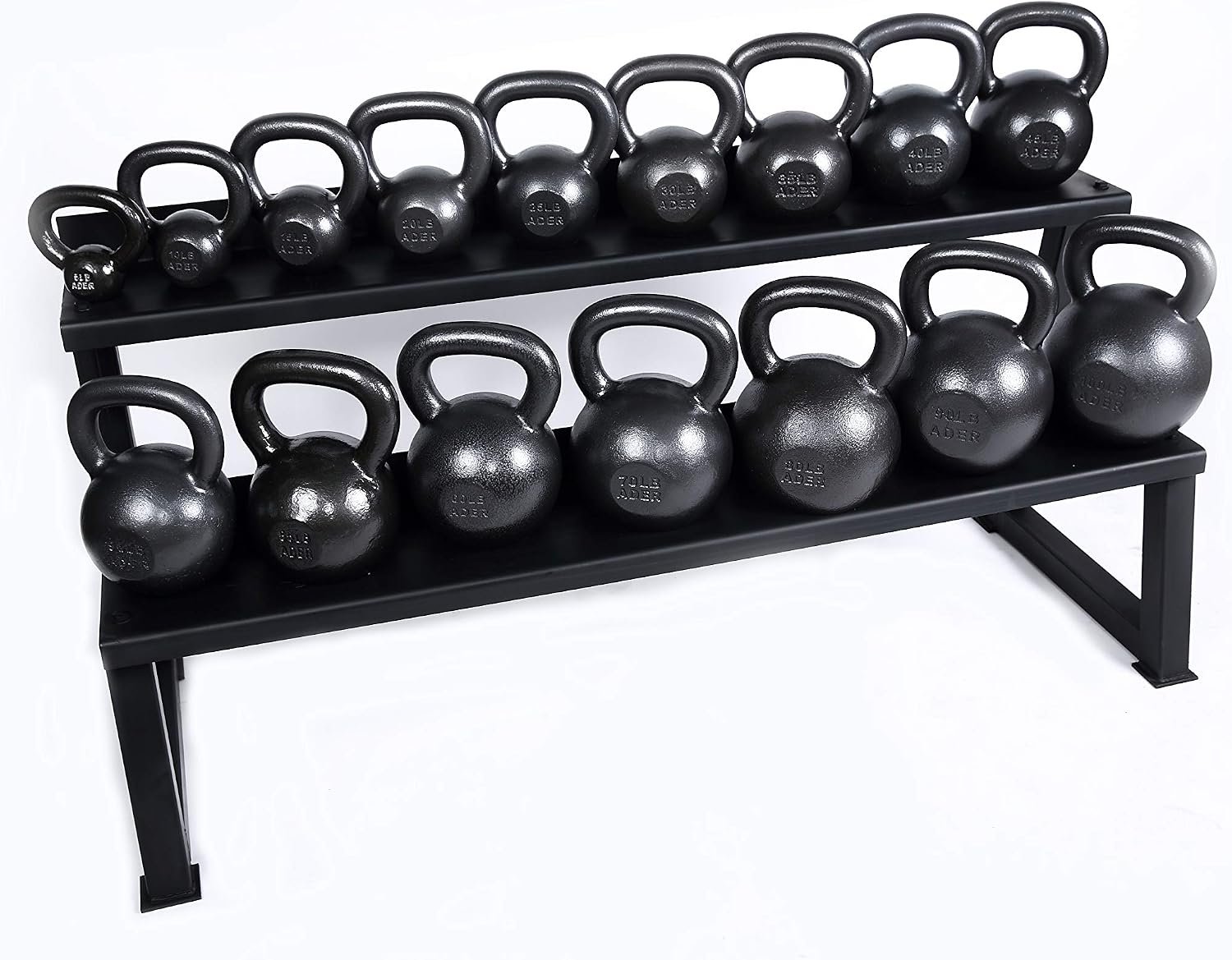 Ader Premier Kettlebell Set with DVD (5, 10, 15, 20, 25, 30, 35, 40, 45, 50lb) Rack and Rubber Mat