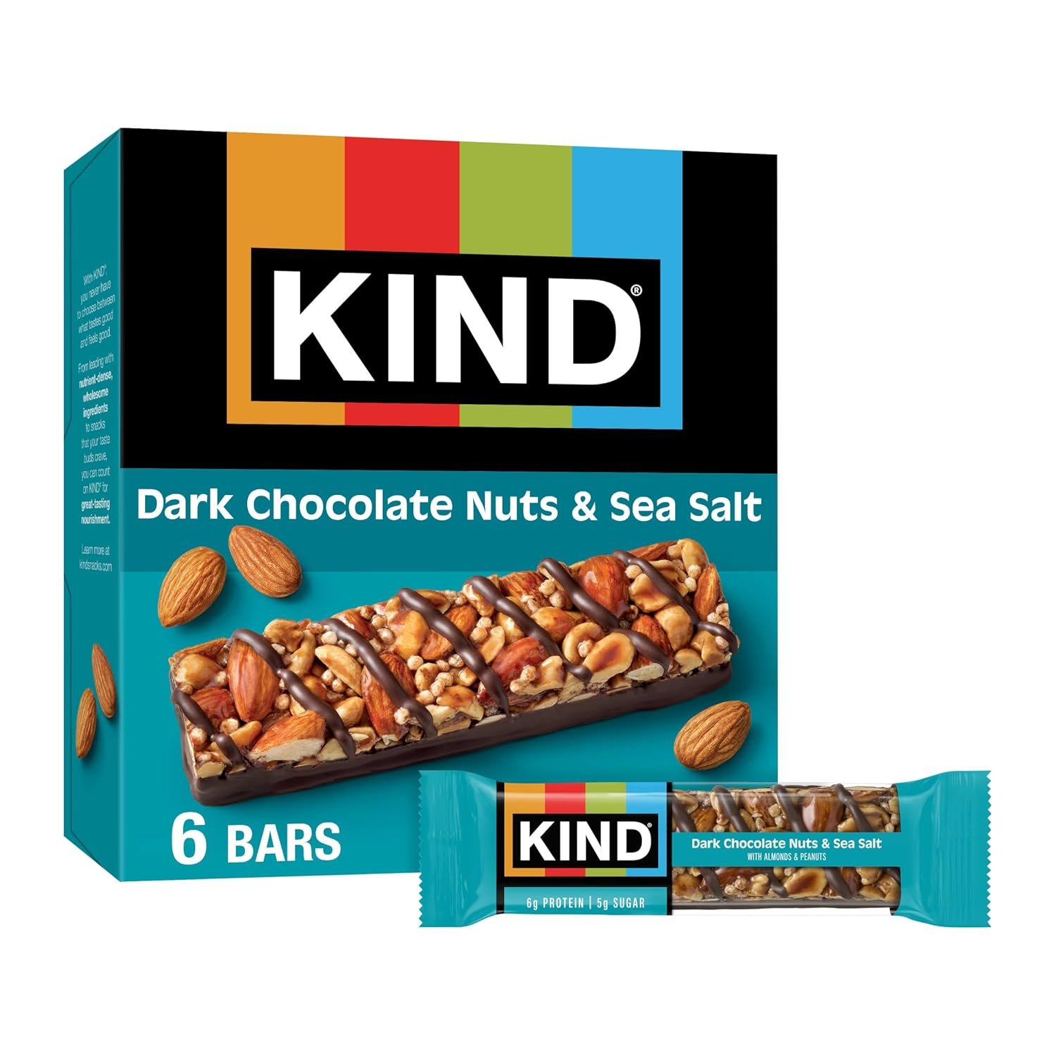 KIND Healthy Snacks Bars, Dark Chocolate Nuts & Sea Salt, Gluten Free, Low Sugar, High Fiber Snacks, 6g Protein, 6 Count