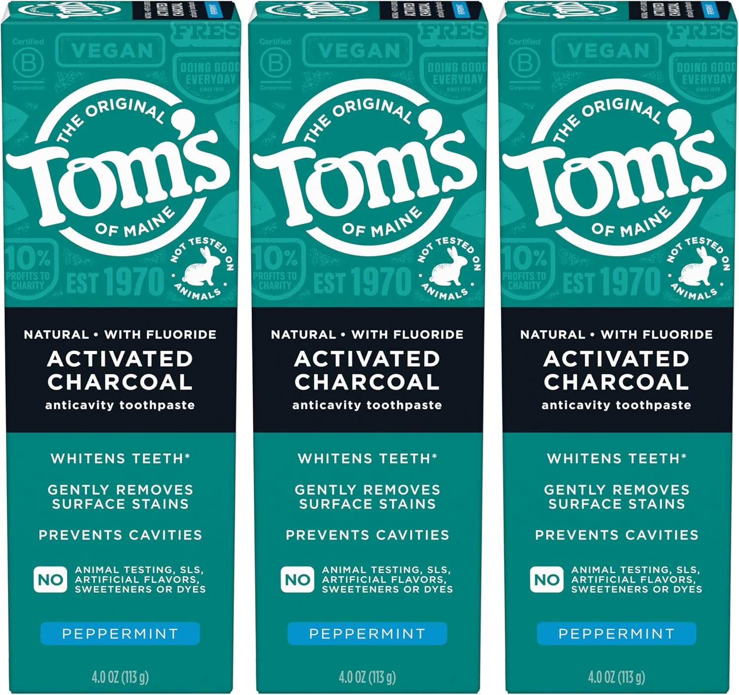 Tom’s of Maine Activated Charcoal Whitening Toothpaste with Fluoride, Peppermint, 4.7 oz. 3-Pack (Packaging May Vary)