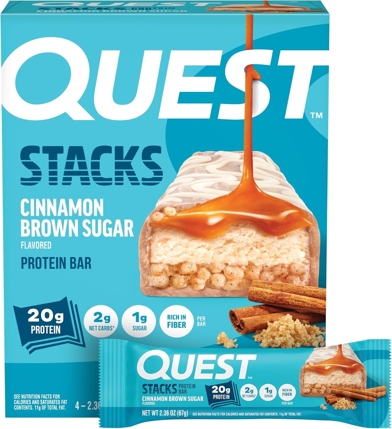 Quest Nutrition Stacks Protein Bars, Cinnamon Brown Sugar, 4 Count | 20g Protein, 12g Fiber, 1g Sugar, Gluten Free, High Quality Protein, Chewy, Crispy, Soft and Crunchy, Individually Wrapped