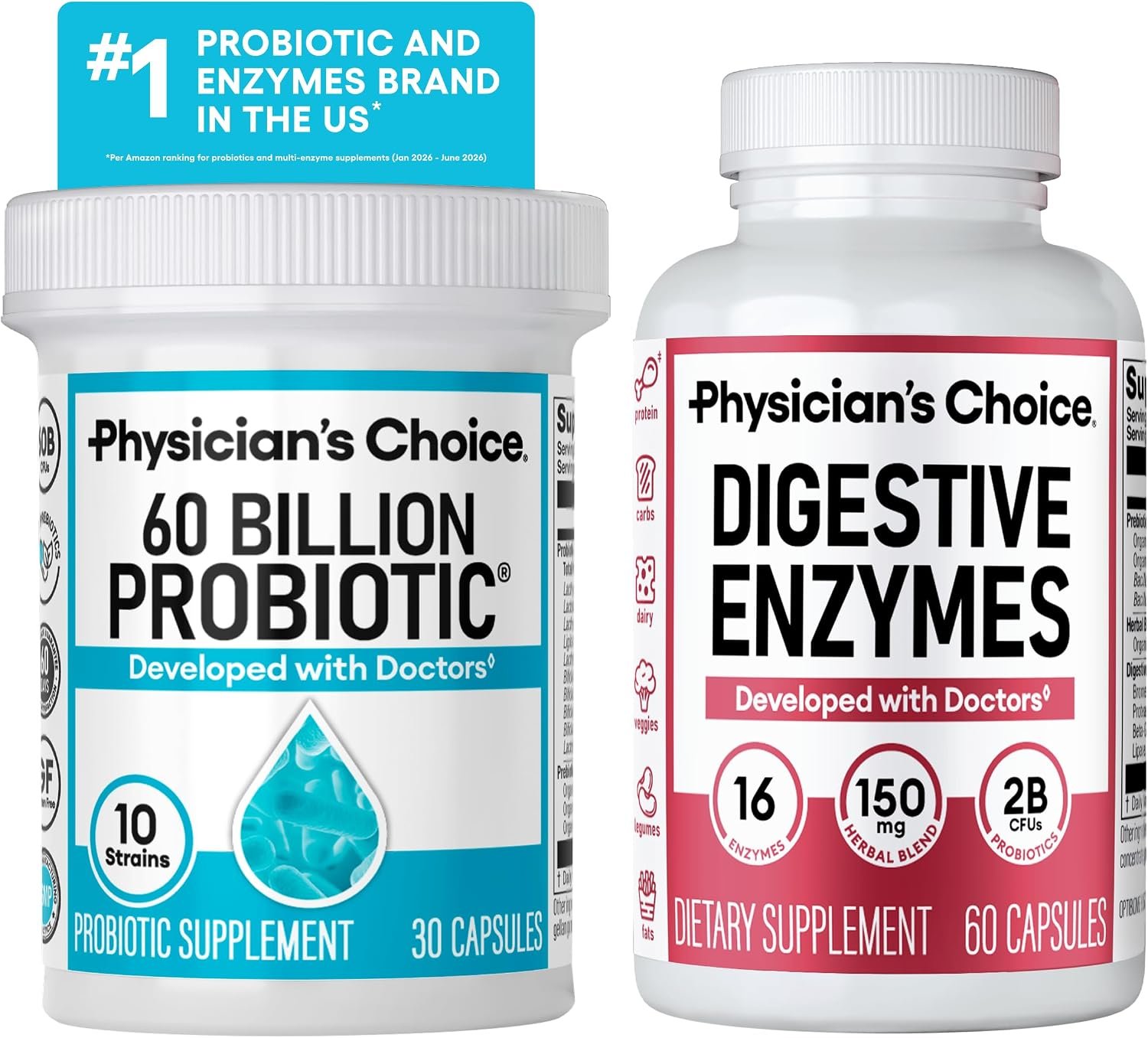 Physician’s CHOICE Advanced Gut Health Bundle: 60 Billion Probiotics 30ct + Digestive Enzymes 60ct for Digestive, Gut, and Immune Health Supports Occasional Constipation, Diarrhea, Gas, and Bloating