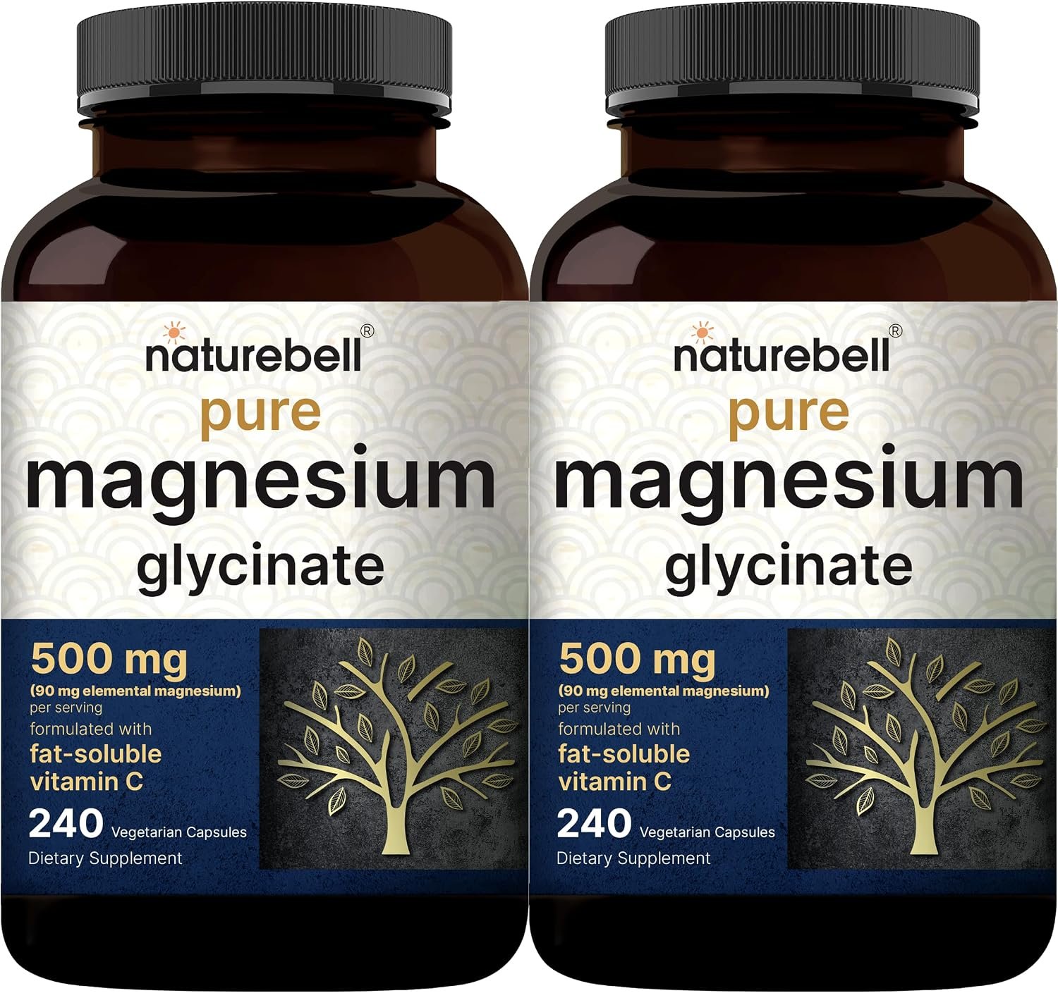 Pure Magnesium Glycinate 500mg with Fat Soluble Vitamin C, 480 Veggie Capsules (2 Pack) – 100% Chelated & Purified – 3rd Party Tested, Filler Free, Vegan Friendly, Non-GMO | 100% Chelated & Purified Magnesium Supplement for Women & Men. 3rd Party Tested, Vegan Friendly, Non-GMO, Filler Free.