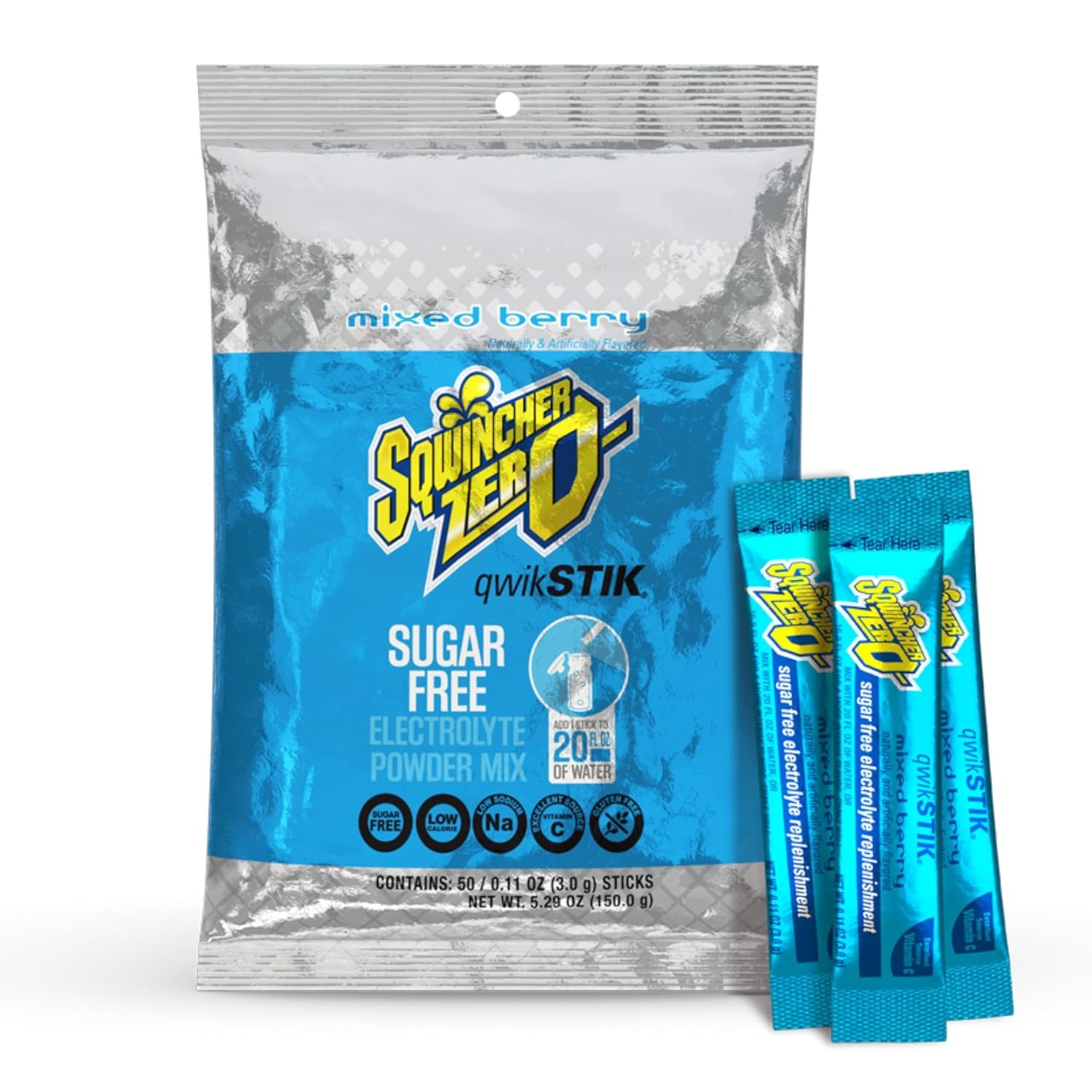 Sqwincher Qwik Stik, Sugar Free, Mixed Berry Flavor, .11oz Packet, 50 Pack | Zero sugar electrolyte mix, fast-dissolving single-serve sticks, just add to 20oz water bottle for quick on-the-go hydration