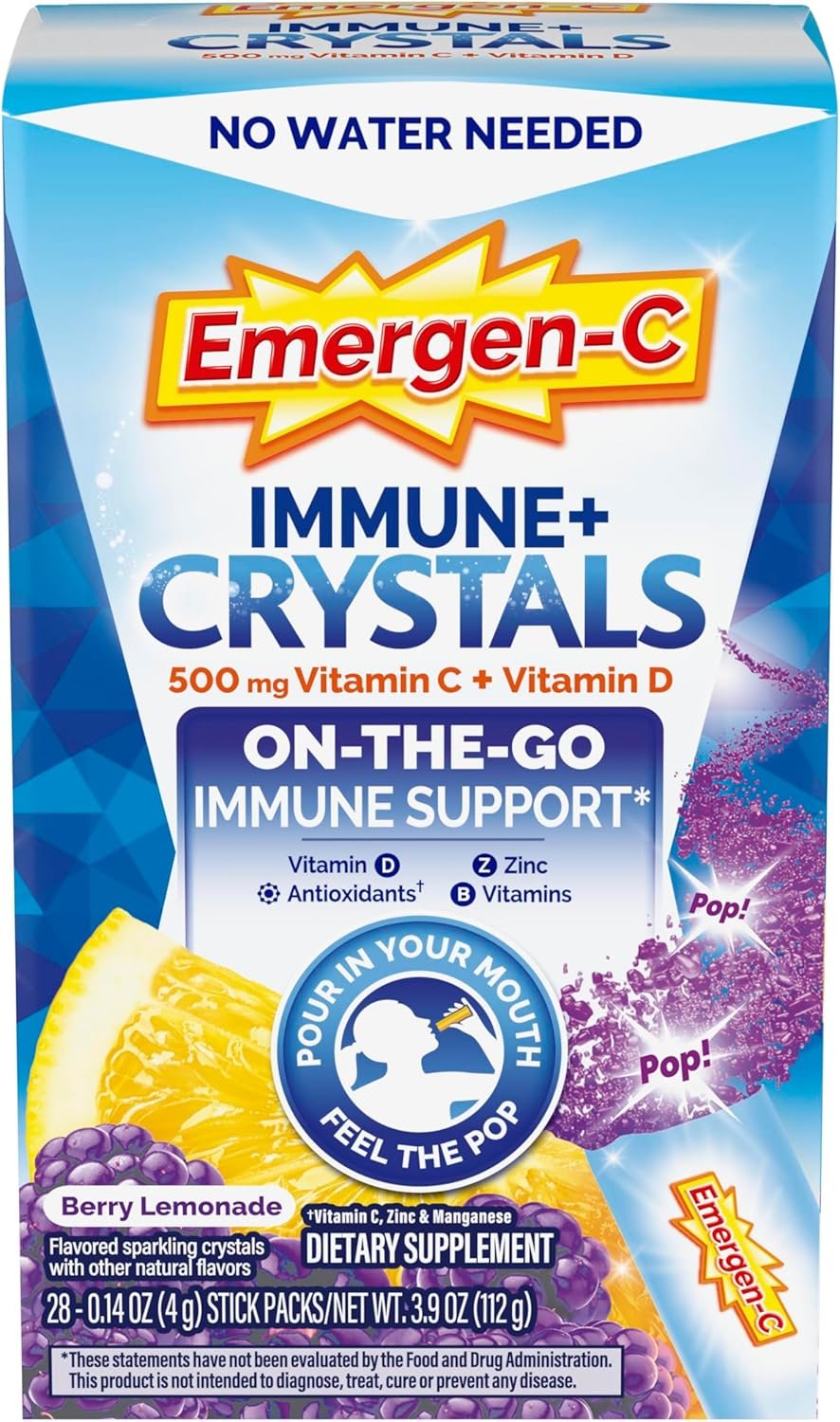 Emergen-C Immune Plus Crystals, On-the-Go Immune Support Supplement with Vitamin C, Vitamin D, B Vitamins, Zinc and Manganese, Berry Lemonade, Back to School Essentials – 28 Stick Packs